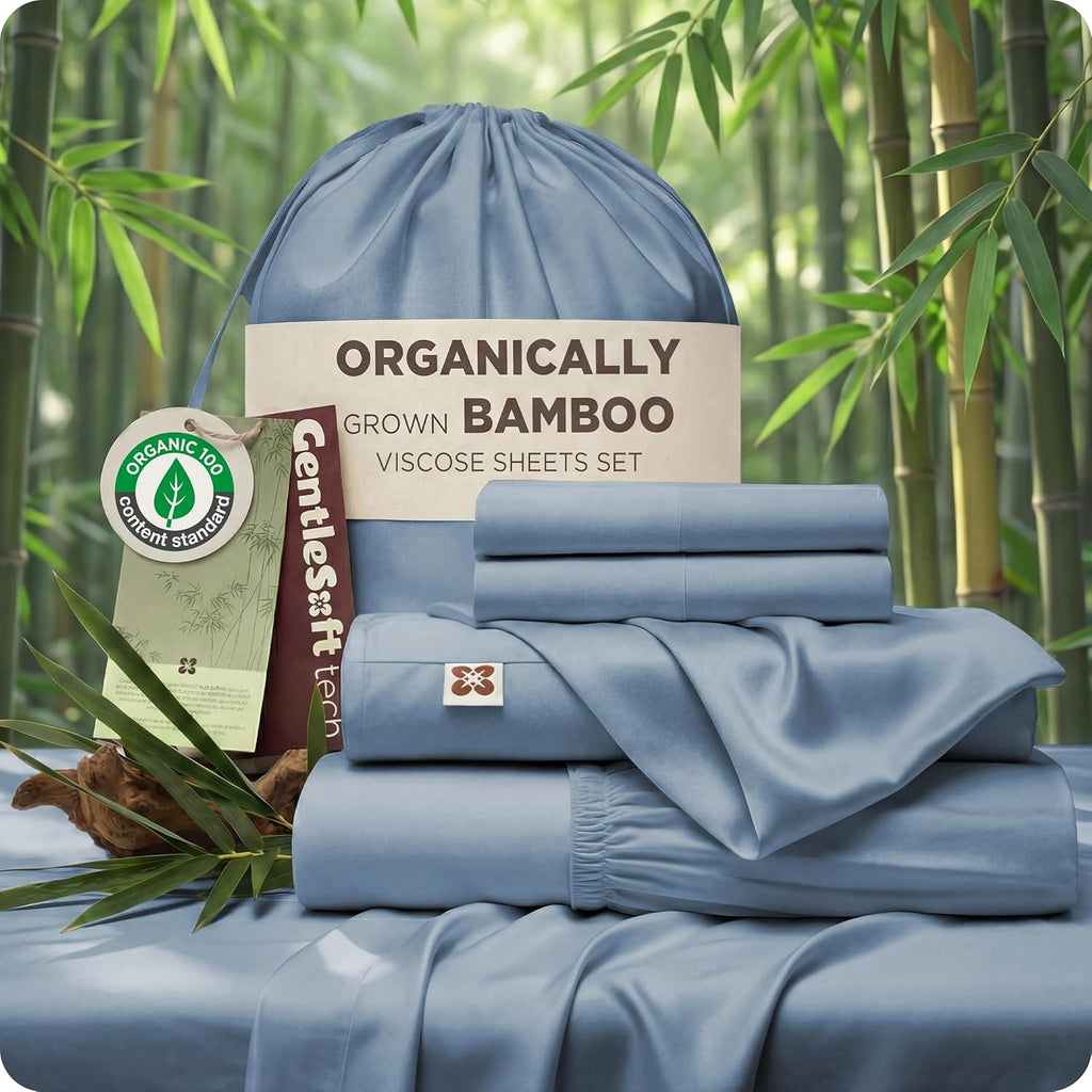 Bedsure 100% Organically Grown Bamboo Viscose Queen Sheet Set | Cooling Bedsheets for Hot Sleepers | Luxury Silky Soft PureWoven | 18" Deep Pocket with Corner Straps | Oeko-Tex Mineral Blue