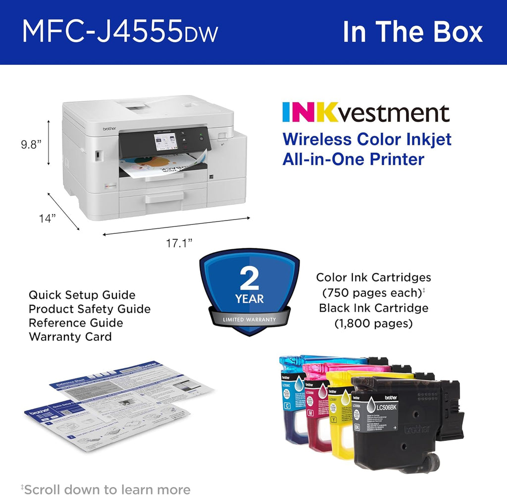 Brother INKvestment 4555 Wireless Color Inkjet All-in-One Printer with 2.7” Color Touchscreen and 2 Paper Trays | Includes Refresh Subscription Trial(1) (MFC-J4555DW)