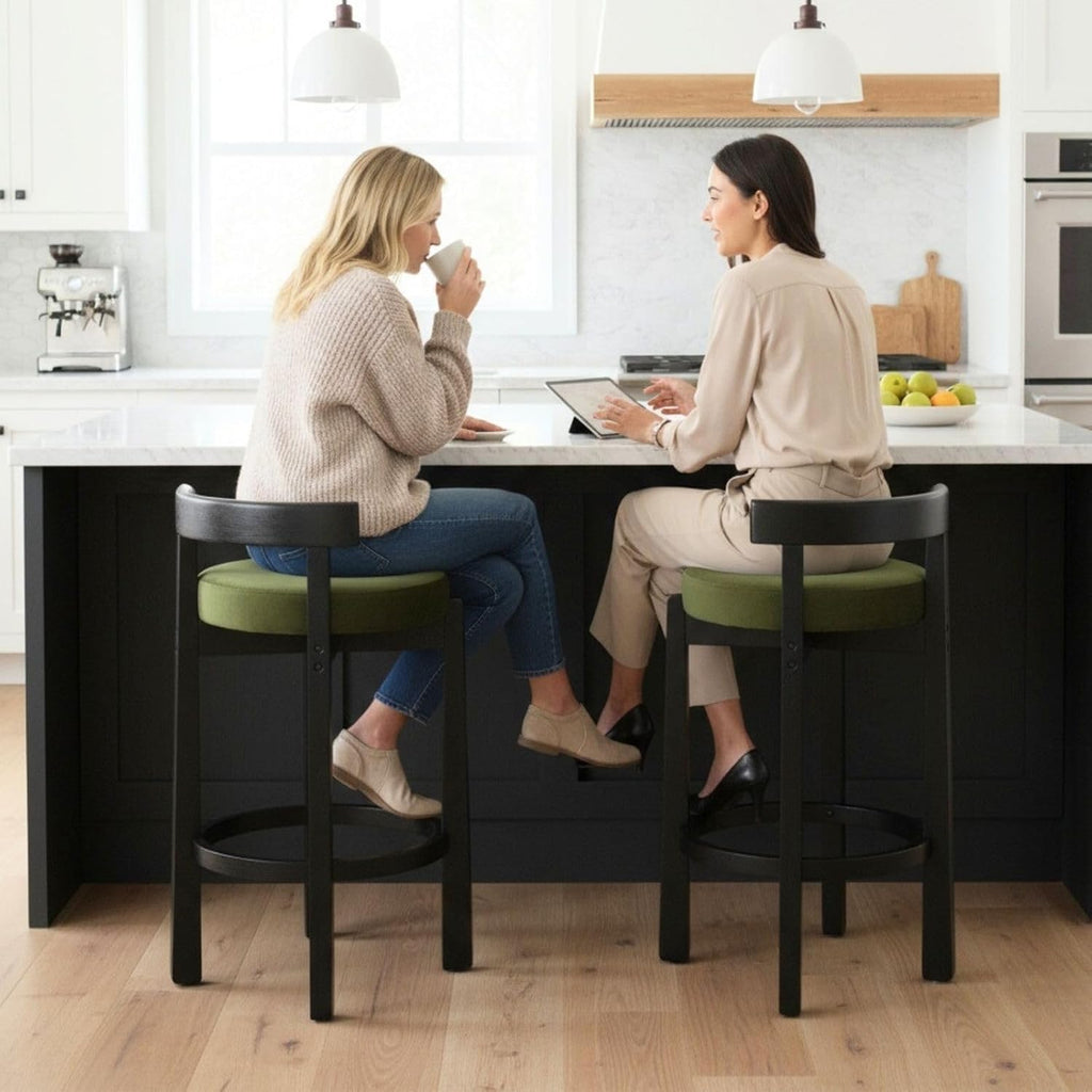 LukeAlon Mid Century Velvet Counter Stools Set of 6, Upholstered 26.5” Seat Height Barstools with Black Wood Legs Retro Modern Round Kitchen Stools with Footrest for Dining Room Bar Coffee Shop, Green