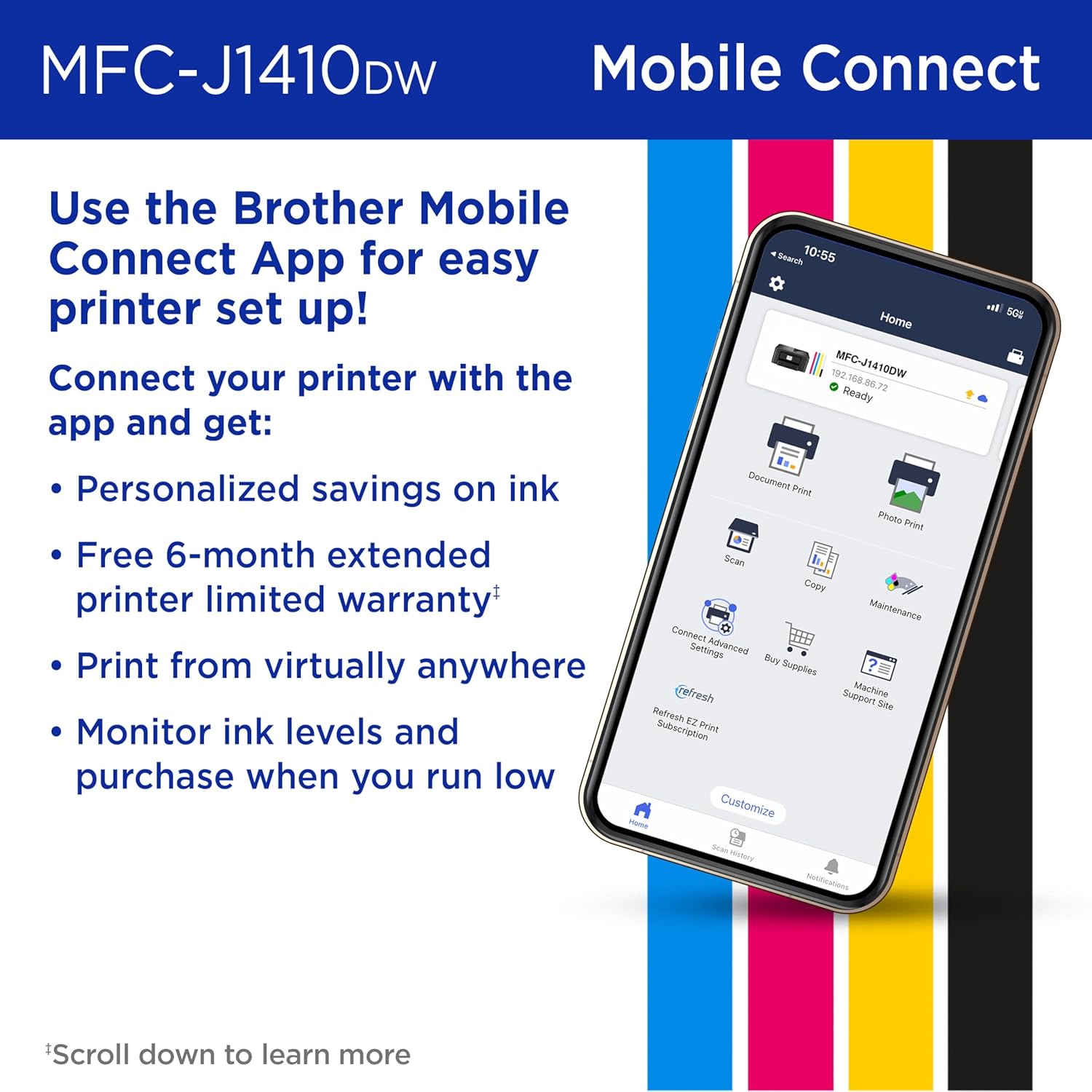 Brother Work Smart 1410 Wireless Color Inkjet All-in-One Printer with 2.7” Touchscreen and Automatic Duplex Printing | Includes Refresh Subscription Trial(1) (MFC-J1410DW)