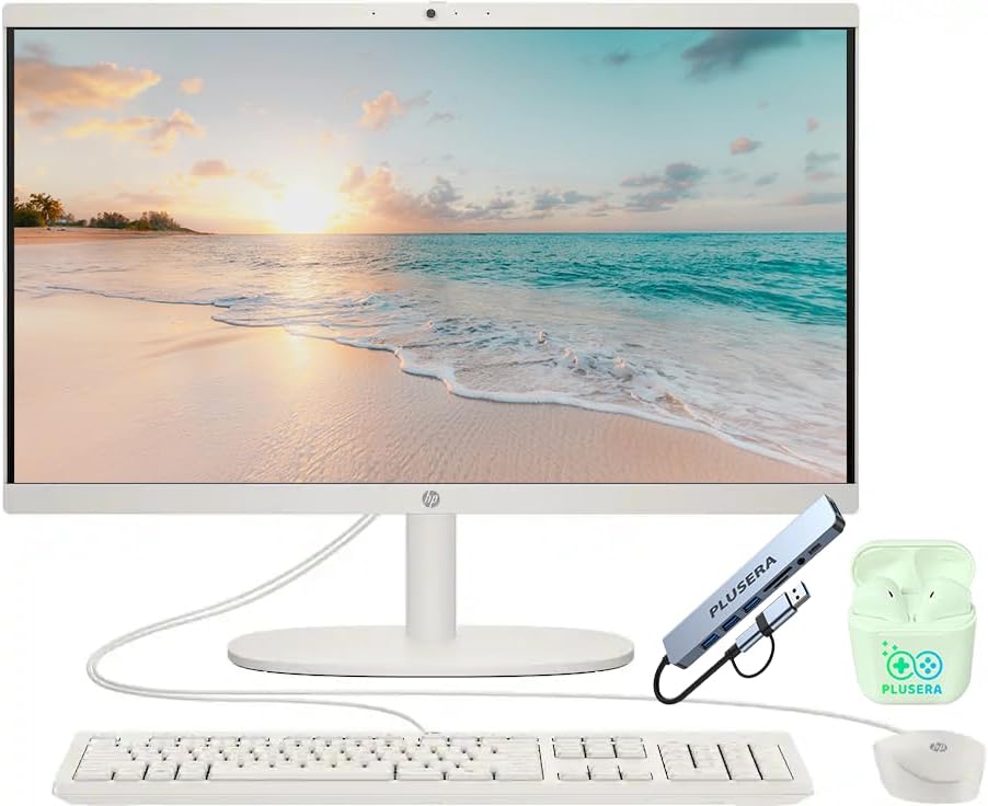HP 21.5" FHD All-in-One Desktop Computer, Quad-Cores Intel N100, Windows 11 & 8-in-1 Docking Hub, Keyboard & Mouse Included, White (White, 8GB RAM | 384GB Storage)