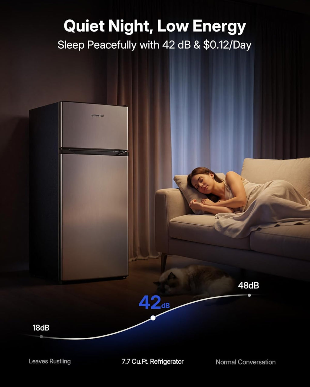 Upstreman 7.7 Cu.Ft. Refrigerator with Freezer, Double Door, Adjustable Thermostat, Large Capacity, Reversible Door Swing, Refrigerator for Apartment, Office, Dorm, Stainless (BD75)