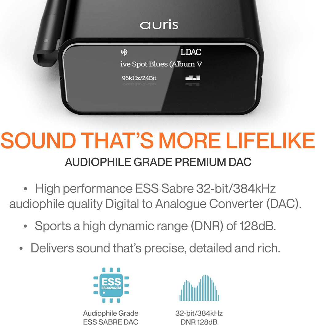 Auris Blume Pro HiFi Bluetooth 5.3 Music Receiver Long Range Bluetooth Adapter with Audiophile DAC, LDAC, aptX HD, OLED Display & Optical Coaxial AUX Output for Home Stereo, AV Receiver or Amplifier