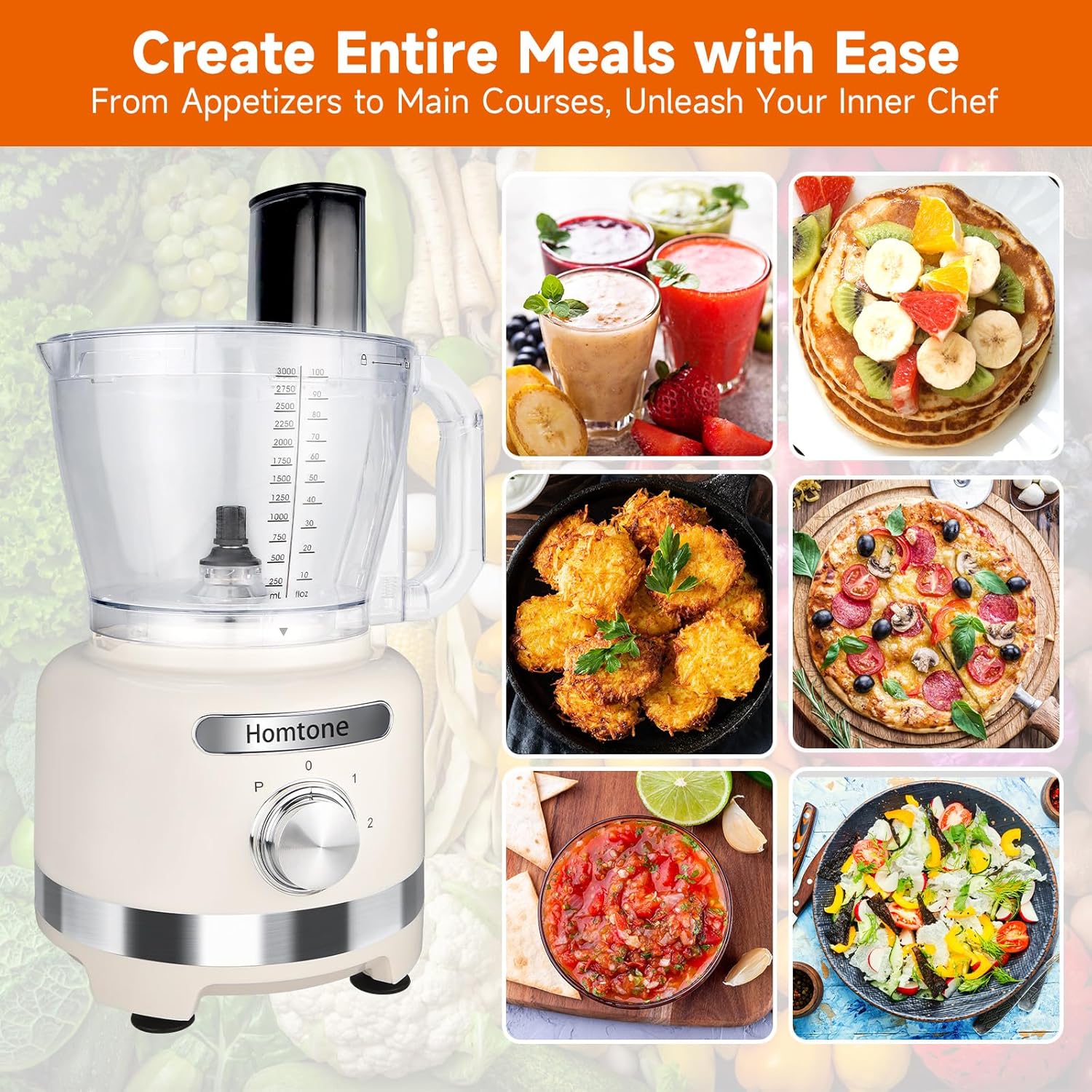 Homtone 16-Cup Food Processor, Heavy-Duty 9-Function Vegtable Chopper with 7 Blades & 3 Speeds for Dough Kneading, Meat Chopping, Slicing, Shredding & French Fry Cutting, Dishwasher Safe, White