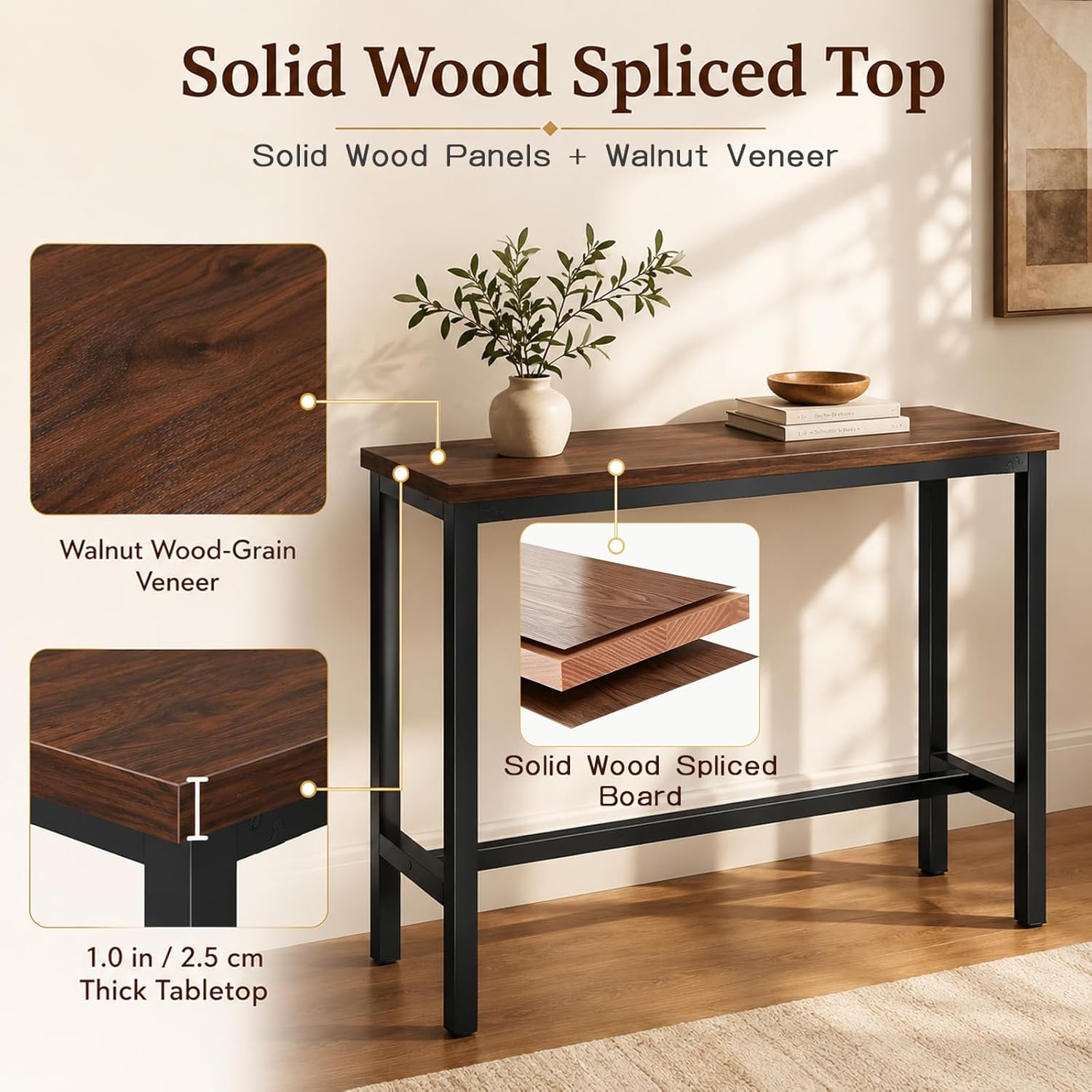 Long Bar Table - 41" Counter Height Narrow Bar Table with Solid Wood Top, Bar Height Table with Metal Frame, Space-Saving Pub Table for Kitchen, Living Room, Behind Couch, Coffee Shop Walnut