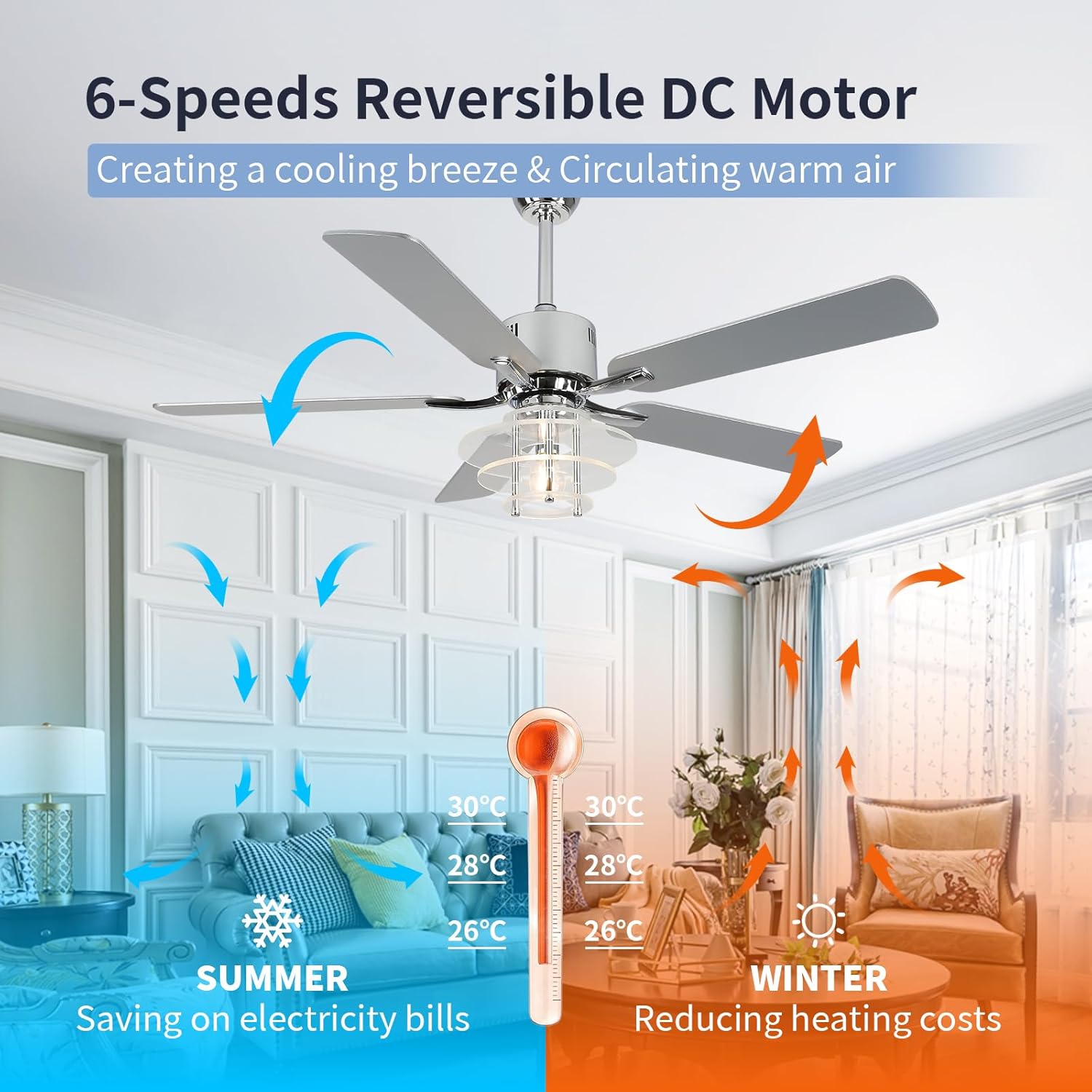 52" Ceiling Fan with Light Modern Chrome Chandelier Fan Reversible DC Motor Quiet Fandelier with 5 Blades for Bedroom, Living Room, Patios, Shop, Ventilador de Techo