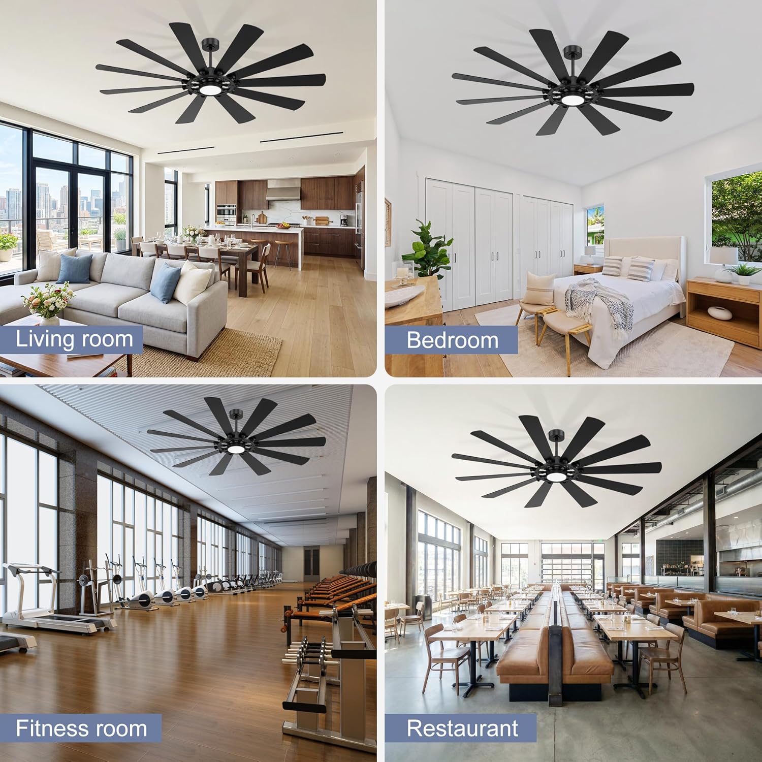 72-Inch Large Room Ceiling Fan with LED Light, 10-Blade Industrial Windmill Fan, Quiet DC Motor with Remote Control, Modern Downrods Mount Ceiling Fan for Great Room, Living Room, Bedroom, Shop