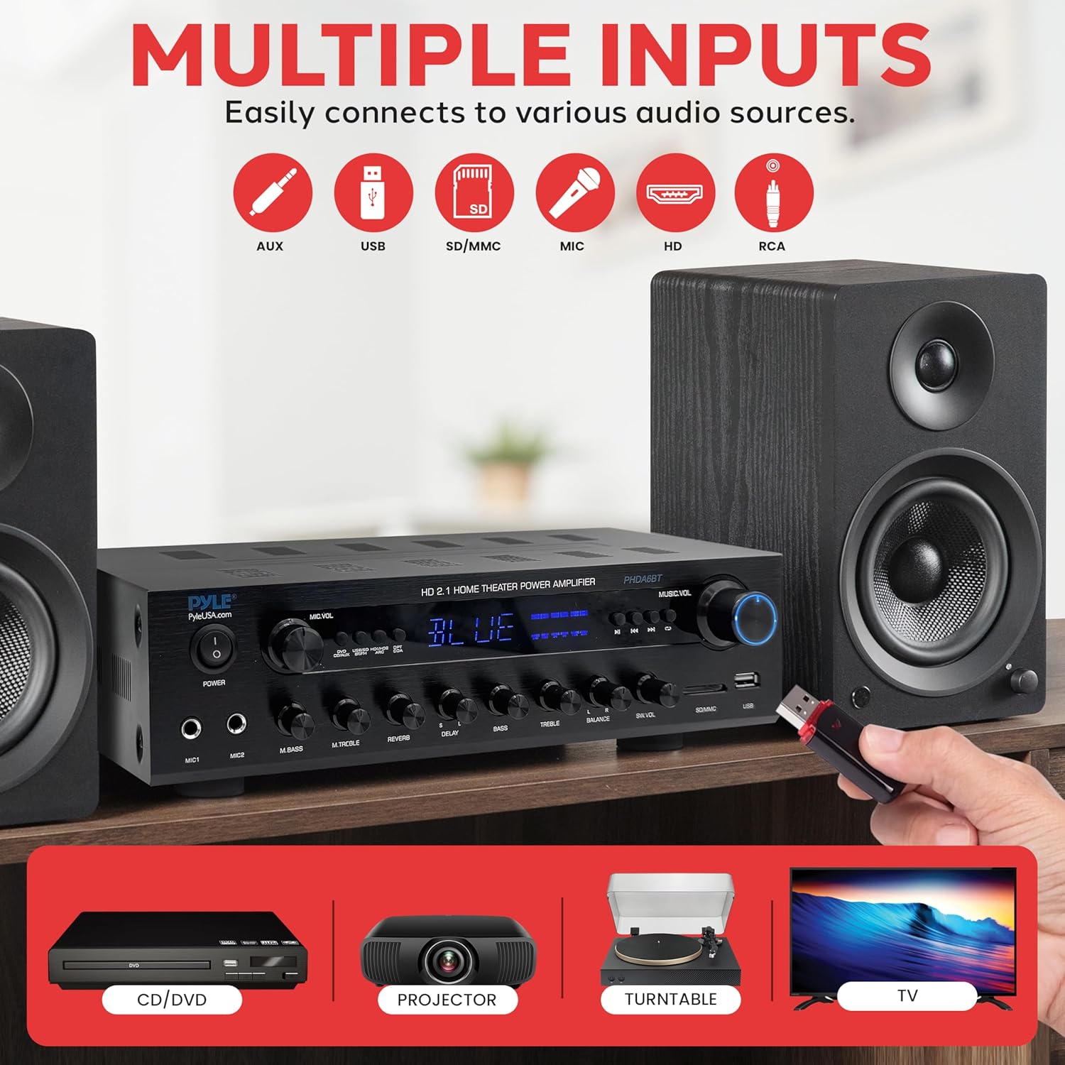 Pyle 400w Home Entertainment Amplifier with Bluetooth - Karaoke Optimized with Dual Mic Inputs with Reverb and Delay, Hi Def in and Out for Home Theater, USB-A Input, SD Card, FM Radio - PHDA6BT