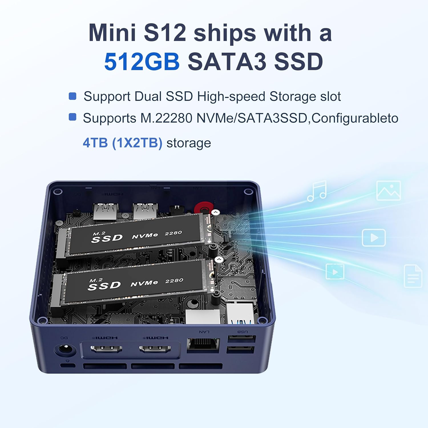 Beelink Mini PC,Mini S12 N95 Intel Alder Lake-N95 (up to 3.4GHz),12GB LPDDR5 512GB SATA3 SSD Mini Desktop Computer, Support 4K@60Hz Dual HDMI Display, 2.5G LAN/USB3.2/Low-Power Home/Office Micro PC