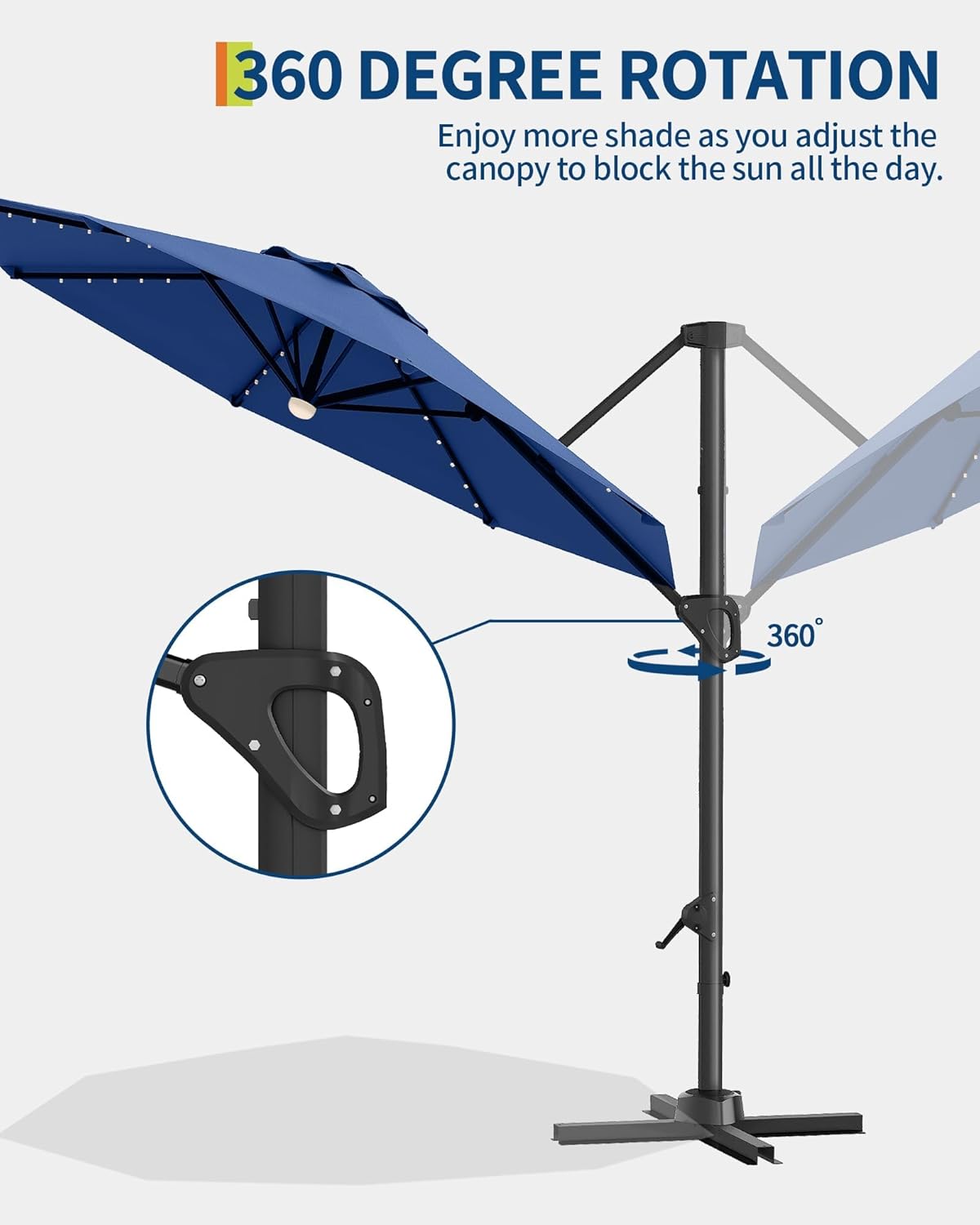 GarveeLife 10FT Patio Umbrella Outdoor Solar LED Large Cantilever Umbrella Market Sun Shade Windproof Offset Umbrella with 360-Degree Rotation for Garden Deck Pool Patio
