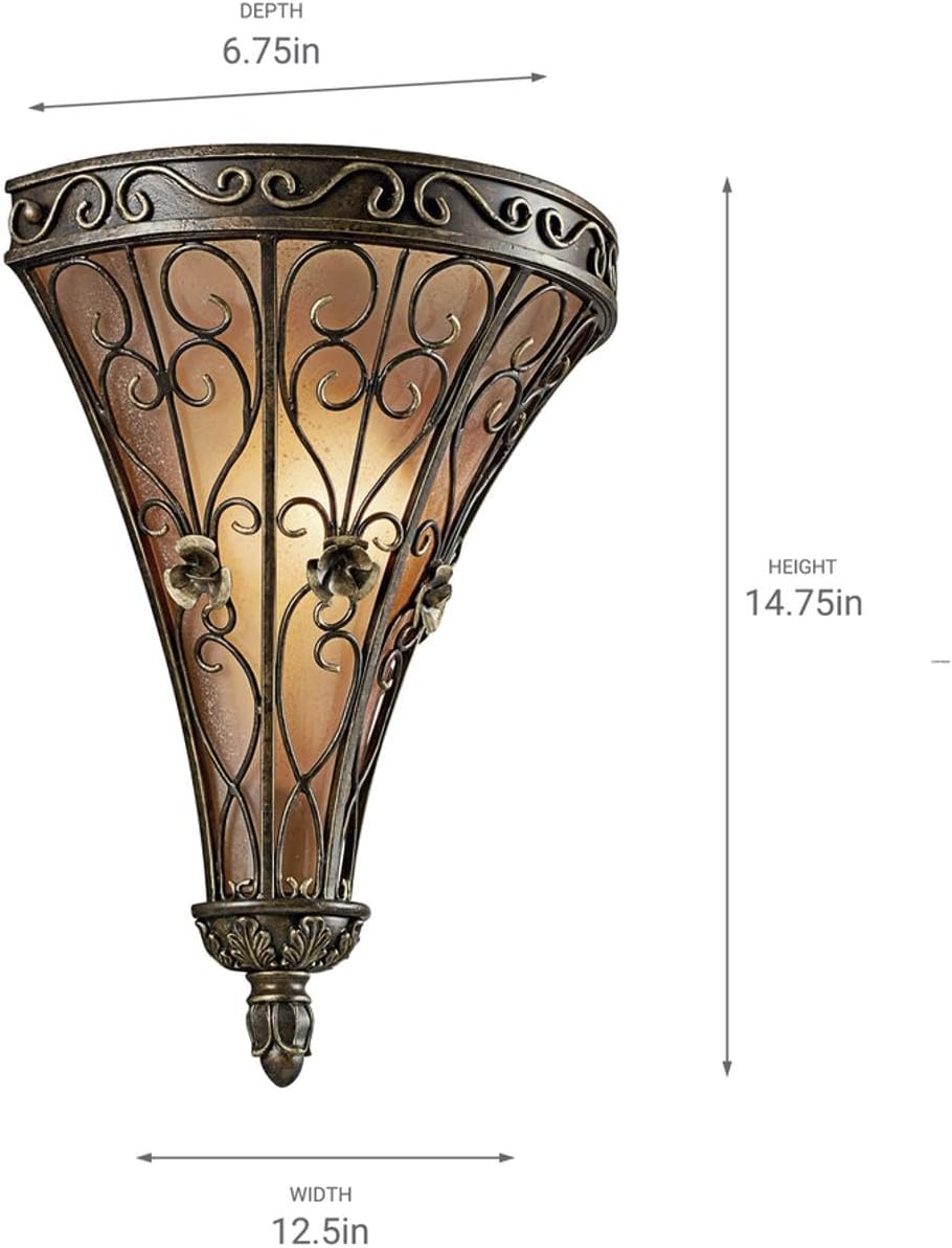Kichler Marchesa 14.75" Wall Sconce in Terrene Bronze, 1-Light Hallway Light with Satin Etched Umber Seeded Glass, (14.75" H x 12.5" W), 45131TRZ