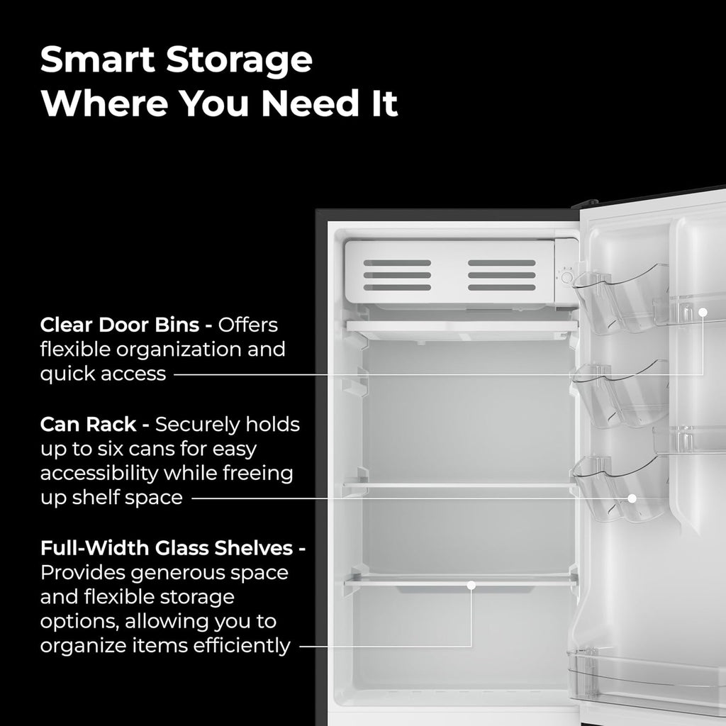 Kenmore 18" Compact Refrigerator with Chiller Compartment - Reversible Door, Adjustable Glass Shelves, ENERGY STAR Certified, 6 Can Rack, Interior Lighting, Freestanding, 3.5 cu. ft. Capacity - Black