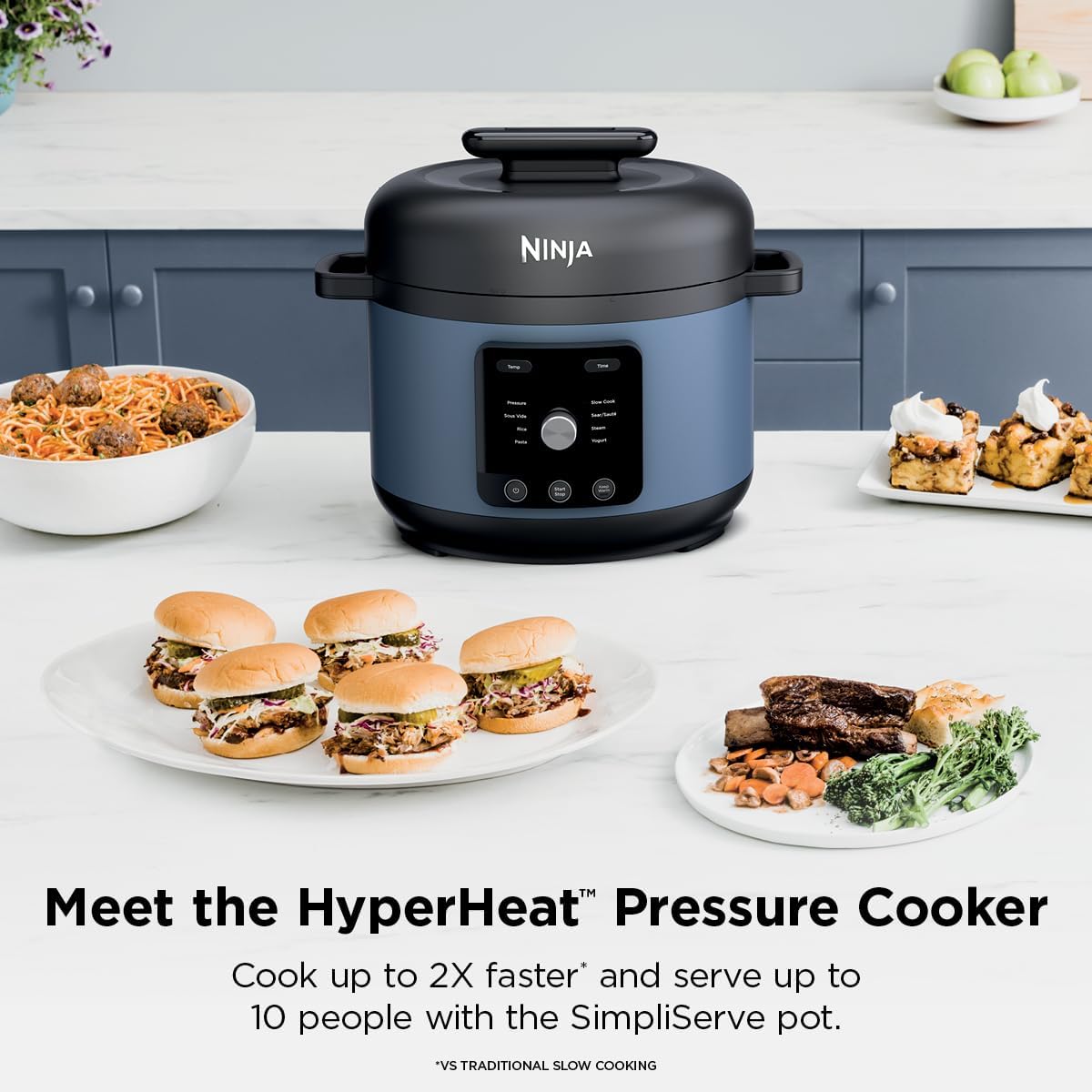 Ninja HyperHeat 9-in-1 Electric Pressure Cooker | 6.5 Qt Multi Cooker with Sear/Sauté, Slow Cooker, Rice Cooker, Sous Vide | 1200W | Fast Cooking, PFAS-Free Pot | Blue Macaron | PC201