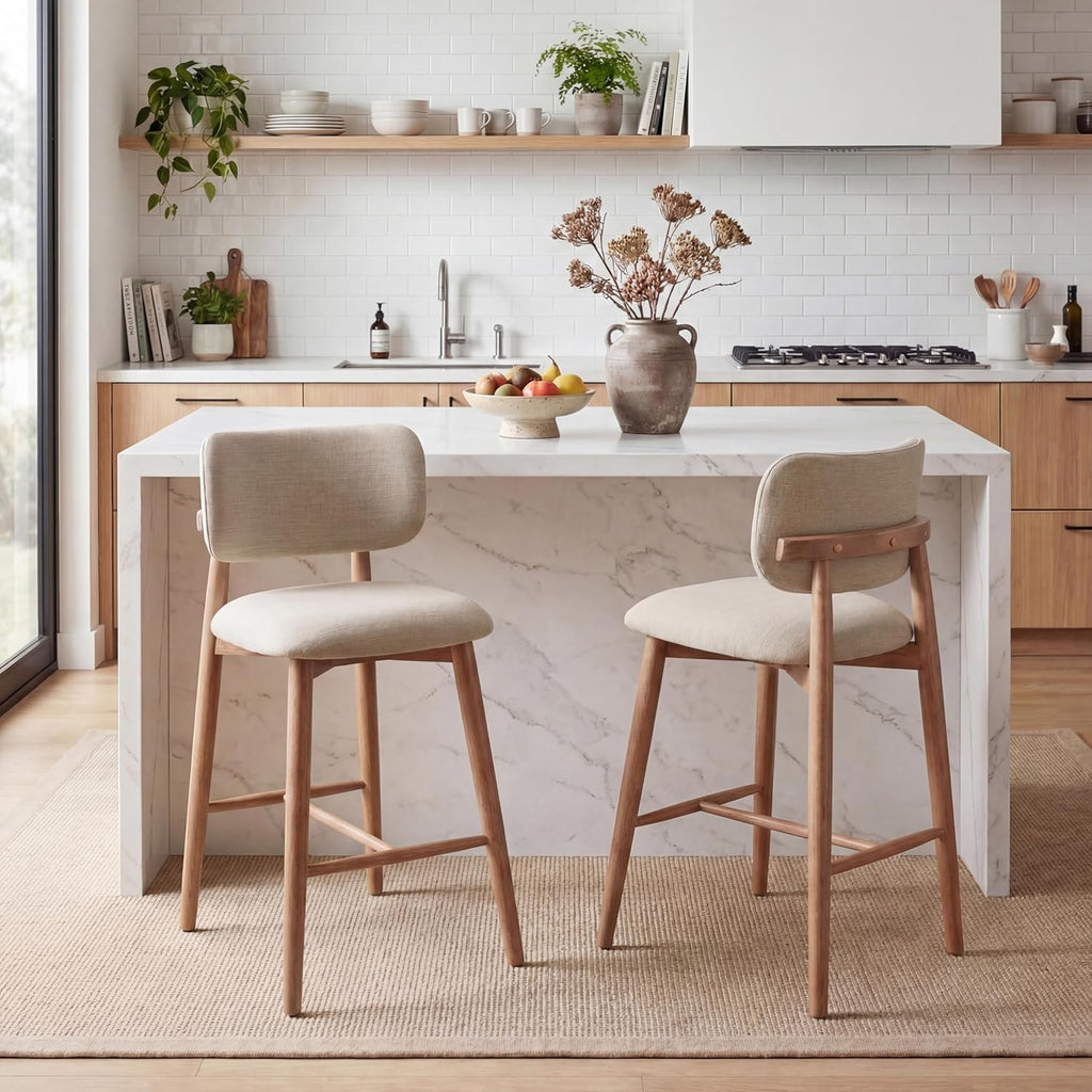 Christopher Knight Home Mundo Counter Height Bar Stools Set of 2, Fabric Upholstered Counter Stools and Curved Backrest, Rubberwood Kitchen Island Armchair with Splayed Legs, Beige + Natural
