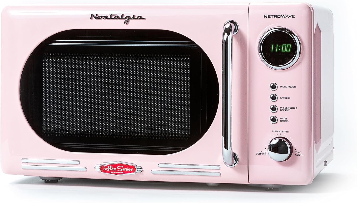 Nostalgia Countertop Microwave Oven with Easy Clean Interior - Retro Microwave with LED Display & Child Lock- Compact 0.7 Cu. Ft. Oven With 12 Pre-Programmed Settings for Quick Cooking- 700-Watts-Pink