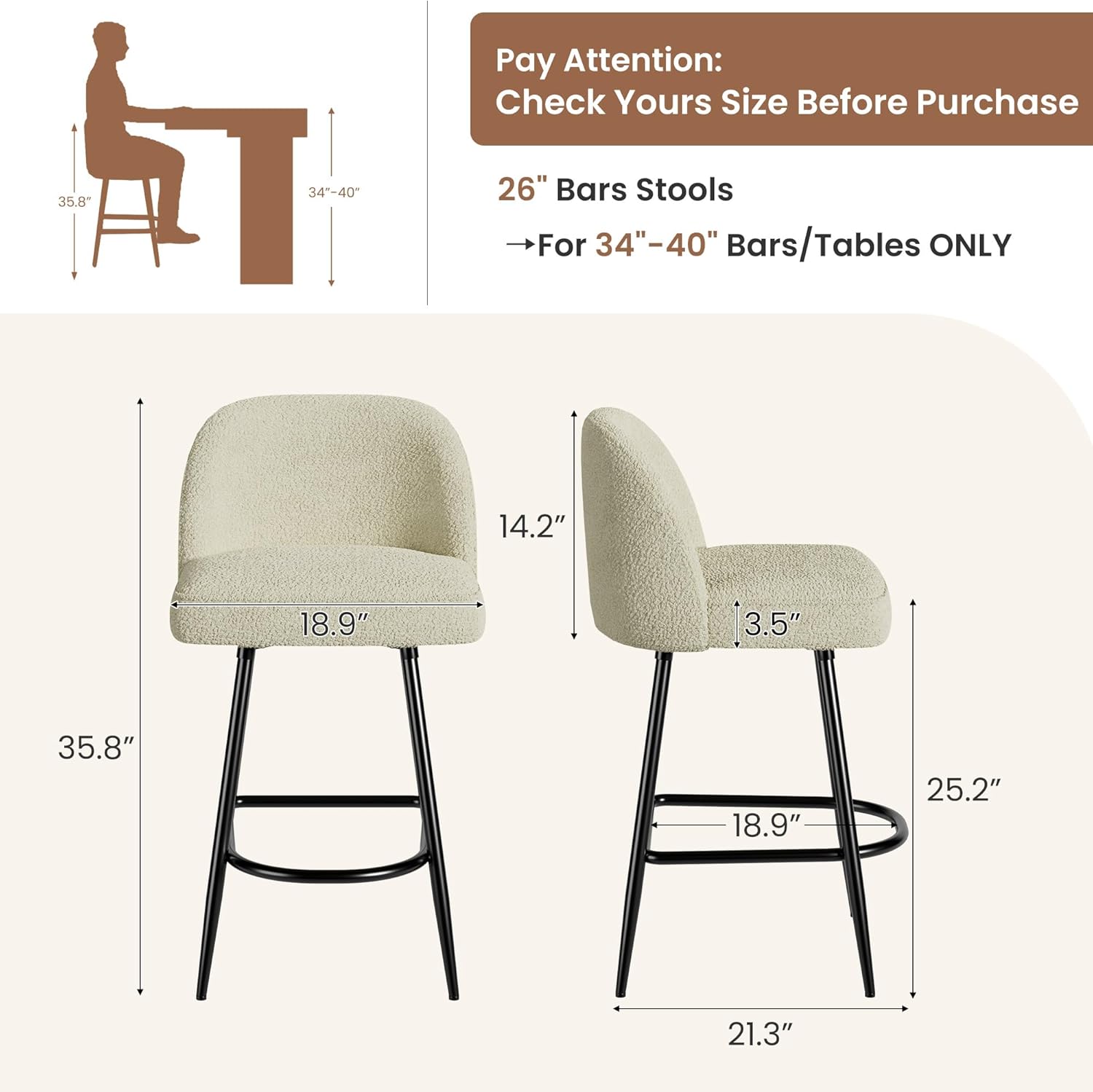 GarveeHome 26" Modern Upholstered Barstools with Backs and Metal Legs, Counter Height Bar Stools Set of 4, Faux Sherpa High Chairs with Arc Metal Footrest for Kitchen Island, Beige