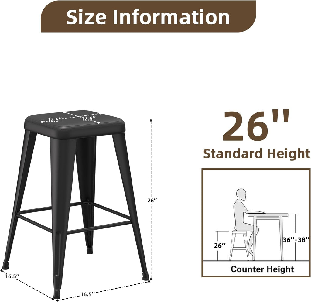 Bar Stools Set of 4, 26" Counter Height Bar Stools Backless, Upholstered Bar Stools with Metal Legs for Kitchen Island, Study Room, Cafe, Black