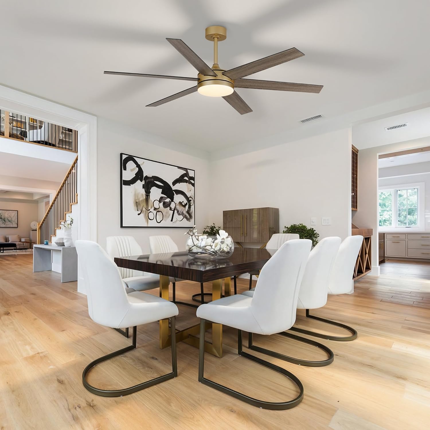 60 Inch Large Gold Ceiling fan with Lights and Remote/APP, Modern Black and Gold Ceiling Fan for bedroom Living Room Shop with 3CCT, 6-Speeds, Timer, 5 Blade Indoor Sleek Brass Fandelier