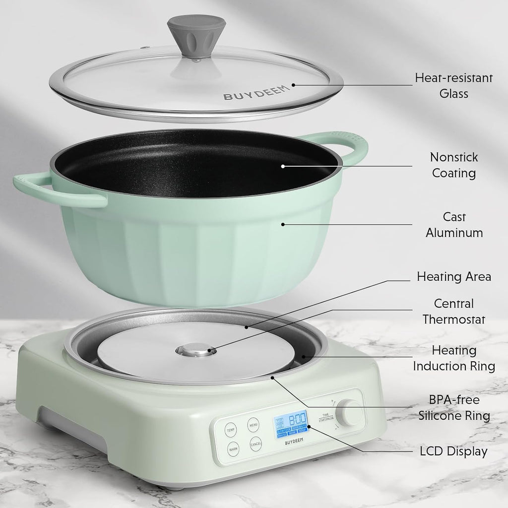 BUYDEEM 5-in-1 Slow Cooker 4.7QT with Removable Nonstick Stockpot, Compatible with Various Cookwares, Two Temperature Controls, Customized Time Settings, Auto Keep Warm for 2H, Cozy Greenish