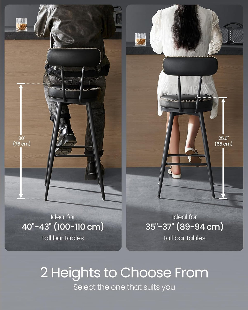 VASAGLE EKHO Collection - Bar Stools Set of 2, Swivel Bar Height Bar Stools with Back, Synthetic Leather with Stitching, Mid-Century Modern, 30-Inch Tall Barstools for Kitchen Home Bar, Ink Black