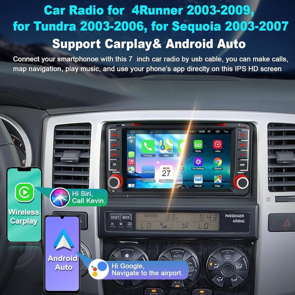 7-Inch Car Stereo with CD/DVD Player for Toyota 4Runner (2003-2009), Tundra (2003-2006), Sequoia (2003-2007), CarPlay & Android Auto, Bluetooth, FM Radio