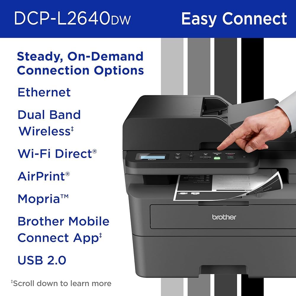 Brother DCPL2640DW Wireless Compact Monochrome Multi-Function Laser Printer Bundle High-Yield Toner, Black Twin Pack (3,000 Pages/Cartridge)
