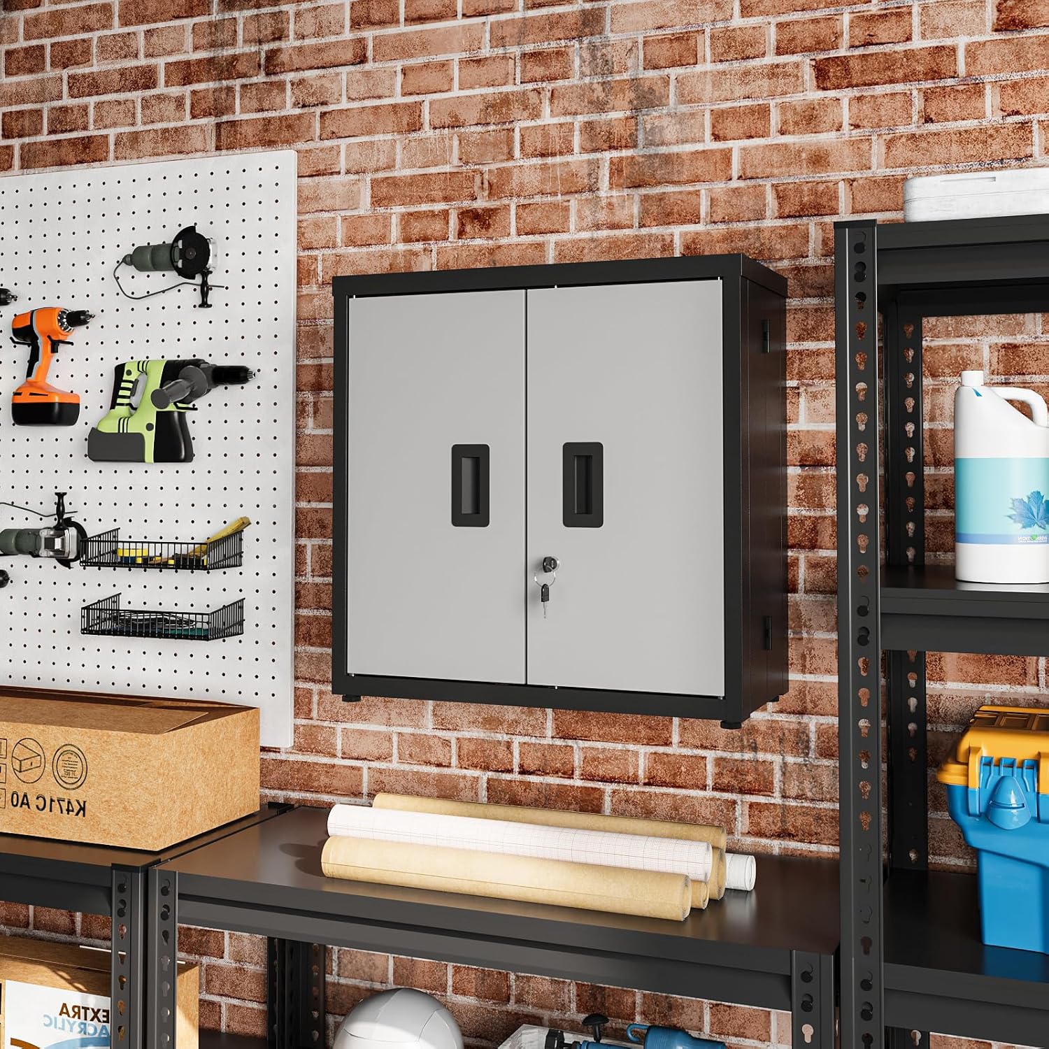 ROOMTEC Foldable Wall Mounted Garage Cabinet, Metal Storage Cabinet with Doors, Lockable Garage Storage Cabinet with Fixed Shelf, Retractable Design for Shop, Utility Room, Workshop, Black & Grey