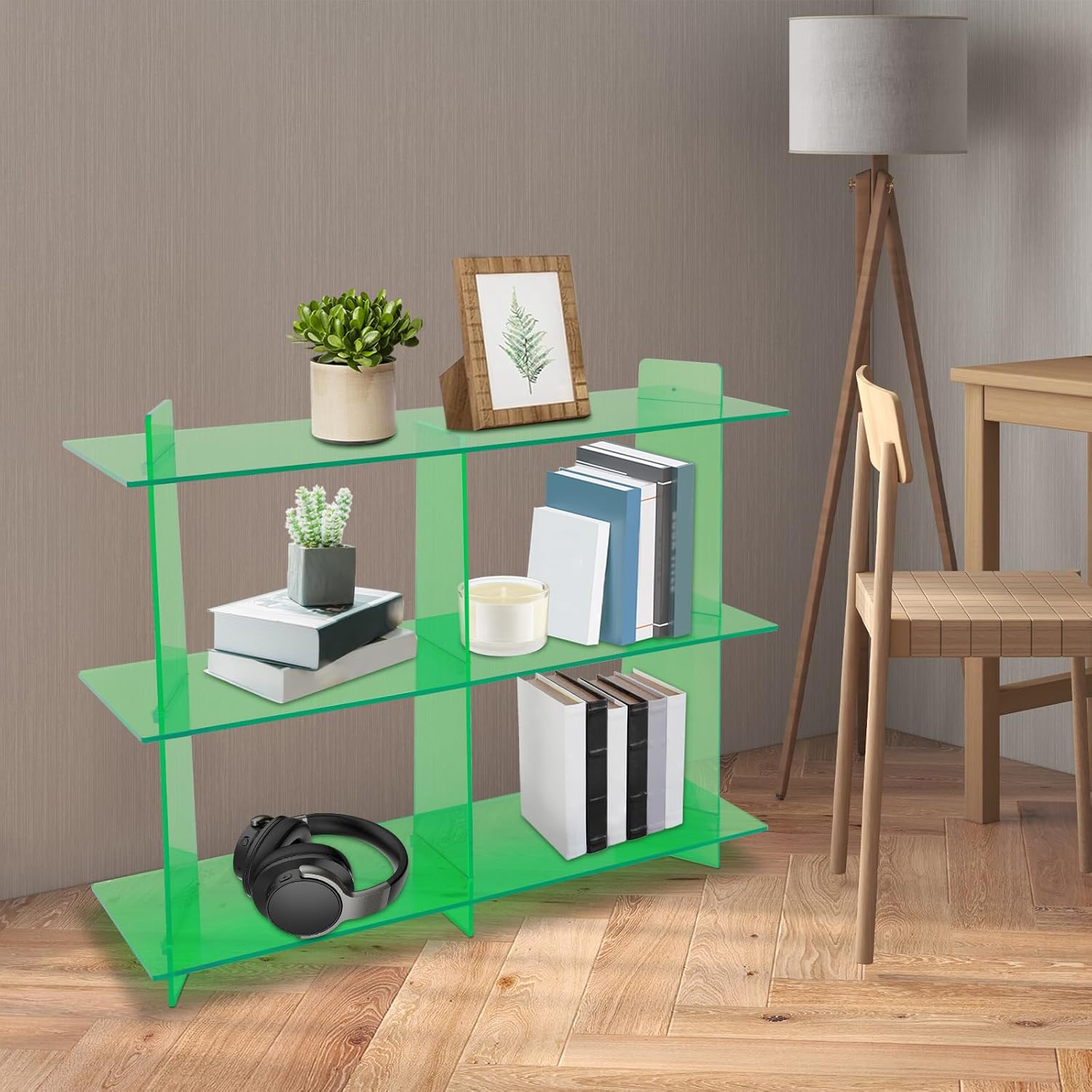 Acrylic Bookshelf, Small 3 Tier Bookcase for Small Spaces,See Through Acrylic Console Table, Hallway Entry Table for Living Room,Coffee Shop, Milk Tea Store (Green)