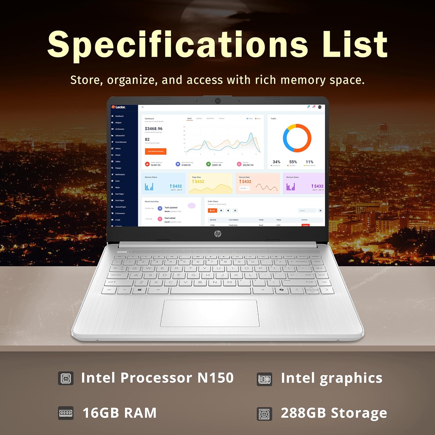 HP Stream 14" HD BrightView Laptop, Intel Celeron N4120, 16GB RAM, 288GB Storage (128GB UFS + 160GB Docking Station Set), Intel UHD Graphics, 720p Webcam, Wi-Fi, 1 Year Office 365, Win 11 S, Silver