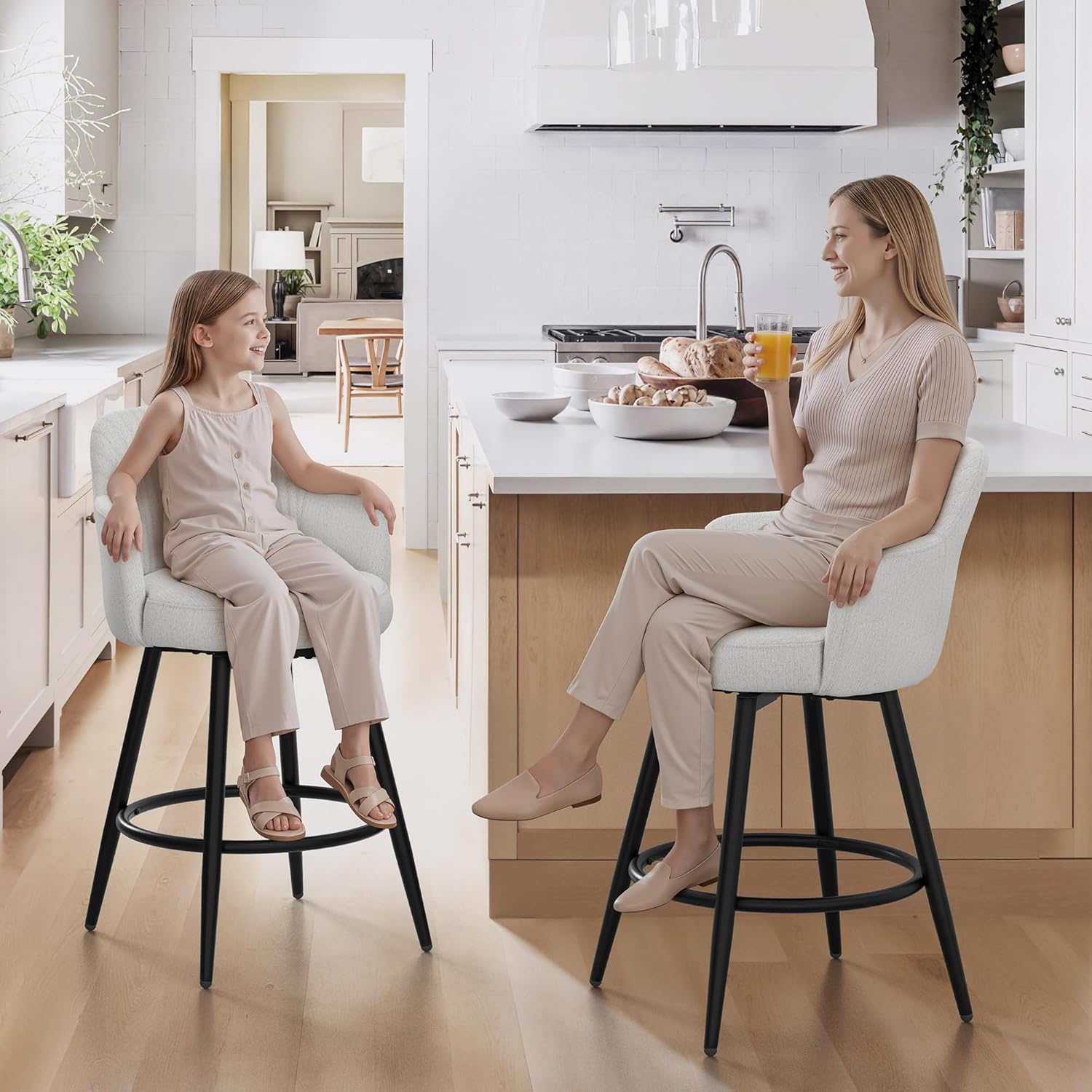 LUE BONA Swivel Bar Stools Set of 3, 26" Counter Height Bar Stools with Ergonomic Semi-Enclosed Back, Fabric Upholstered Barstools with Spring Cushion for Kitchen Island, Light Gray