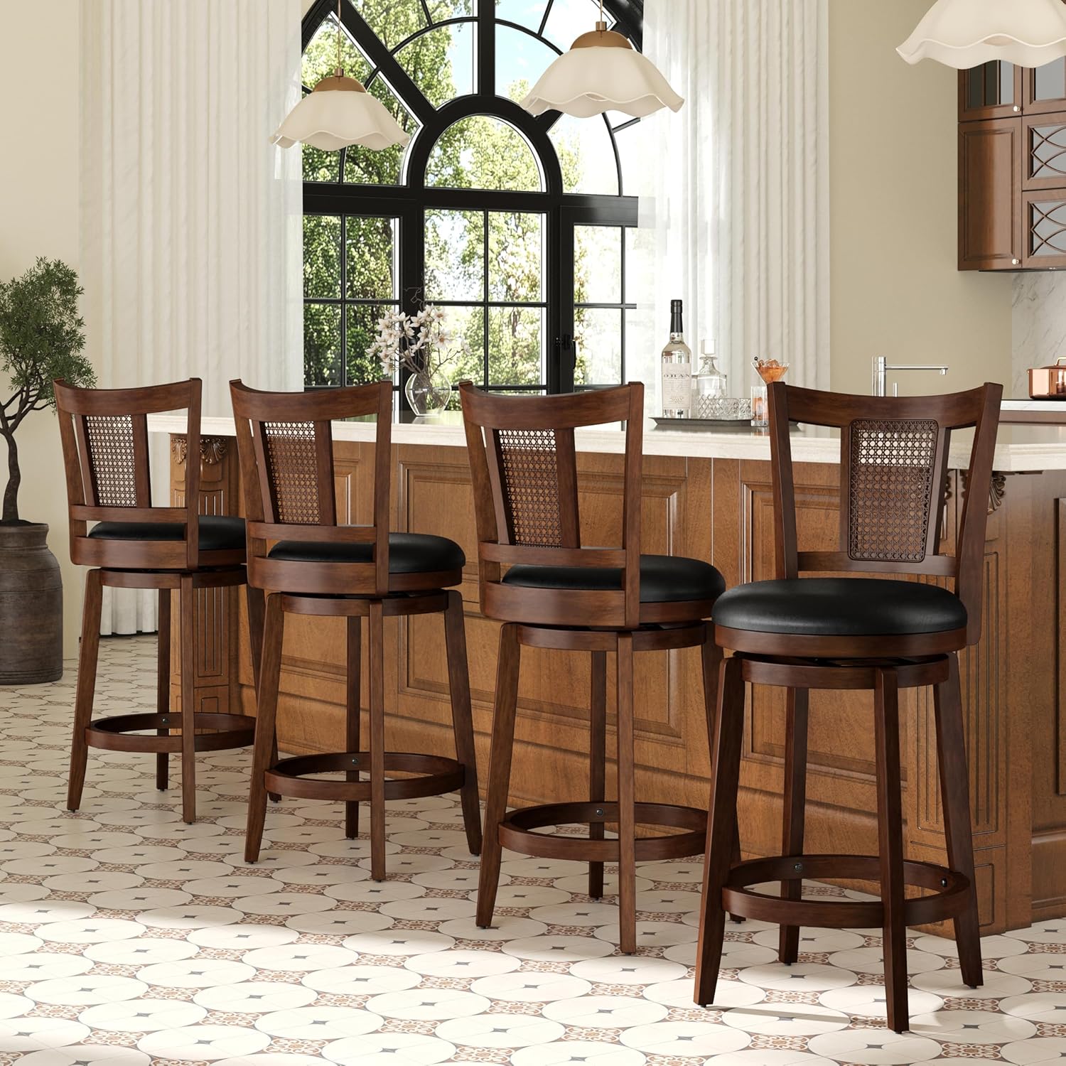 PHI VILLA 26 inch Counter Height Bar Stools Set of 4, Swivel Bar Stools with Back, Wooden Bar Chairs Faux Leather Kitchen Counter Stools