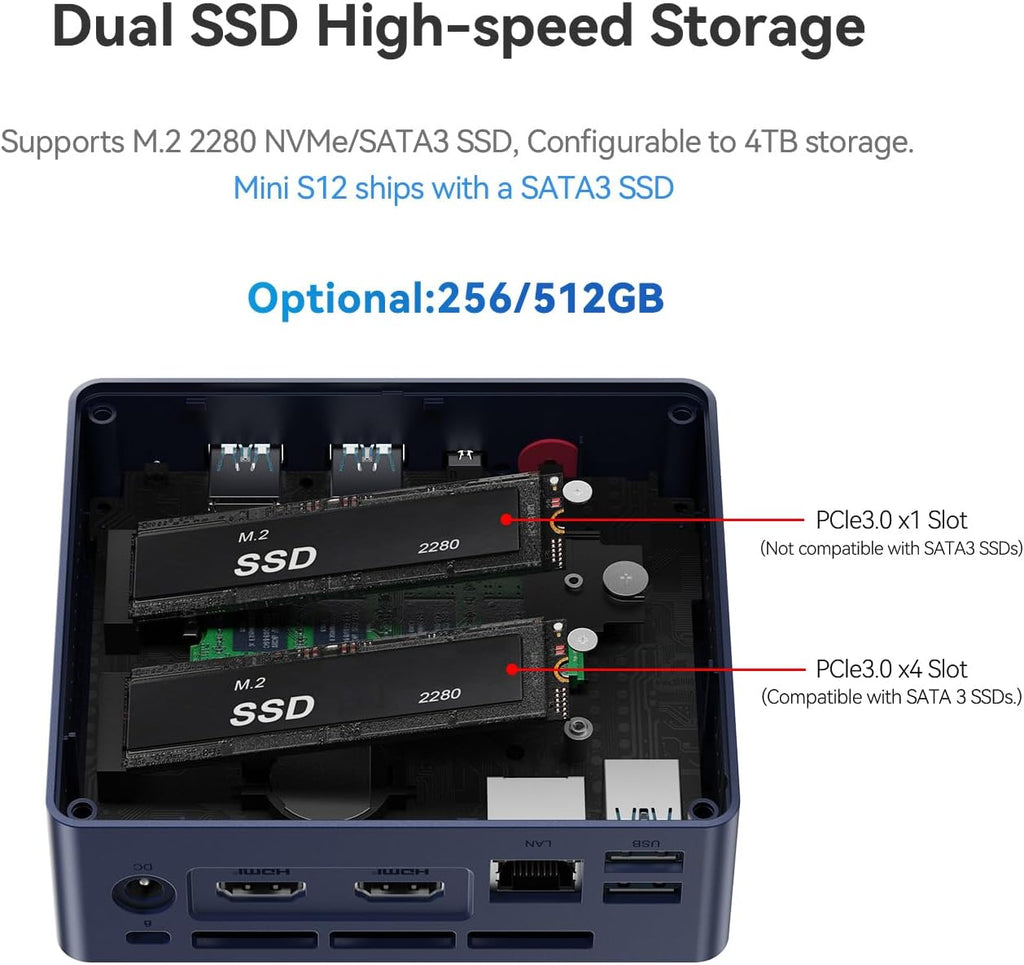Beelink Mini S12 Mini PC, 12th Intel Alder Lake- N95 (4C/4T, up to 3.4GHz), 8GB DDR4 256GB M.2 SSD, Mini Desktop Computer Support 4K@60Hz Dual Display/WiFi 6/BT5.2/USB 3.2/2.5GB LAN for Home/Office