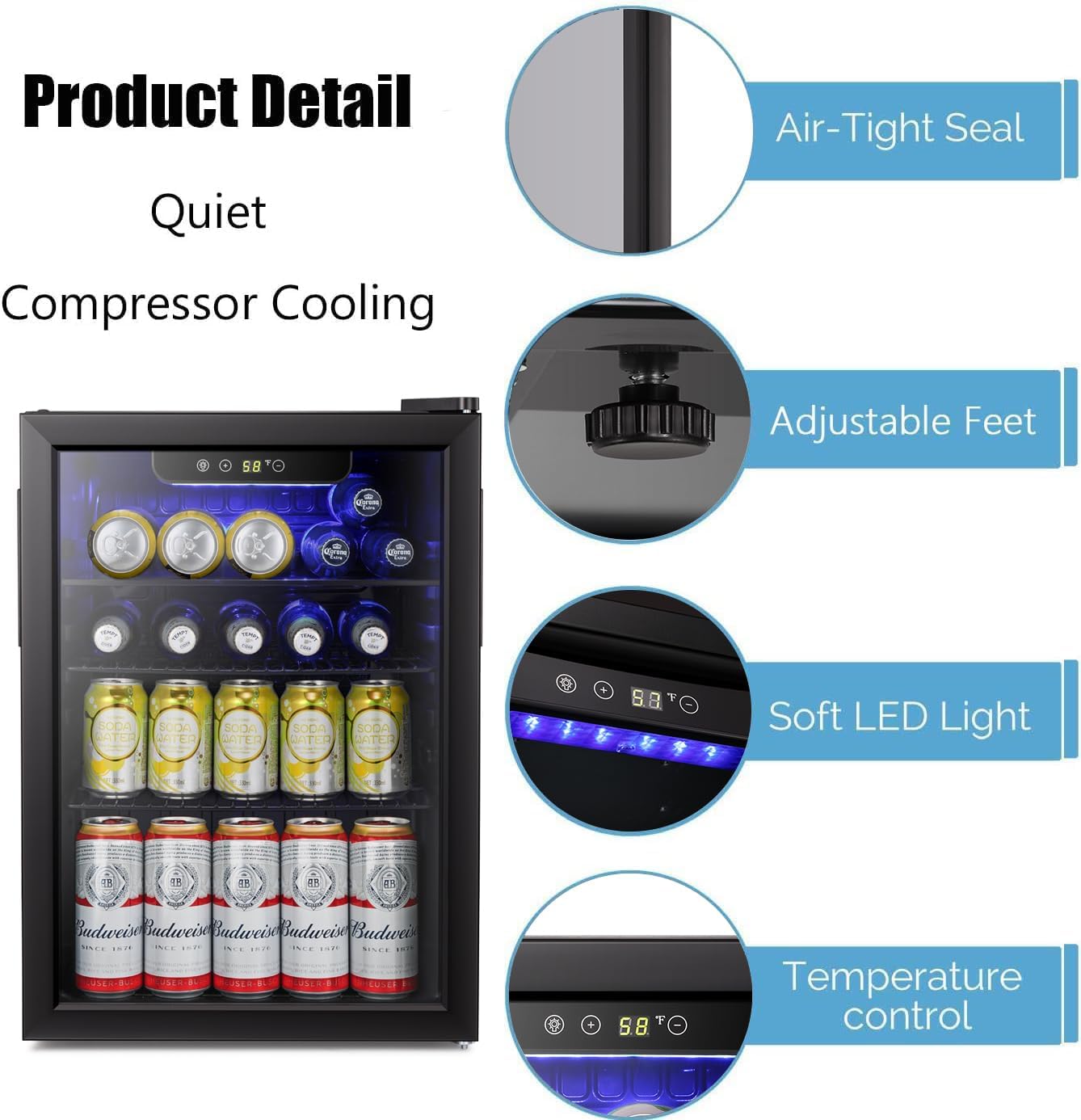 Antarctic Star Beverage Refrigerator Cooler-95 Can Mini Fridge Glass Door for Soda Beer Wine Stainless Steel Glass Door Small Drink Dispenser Digital Display for Home, Office Bar,2.4cu.ft