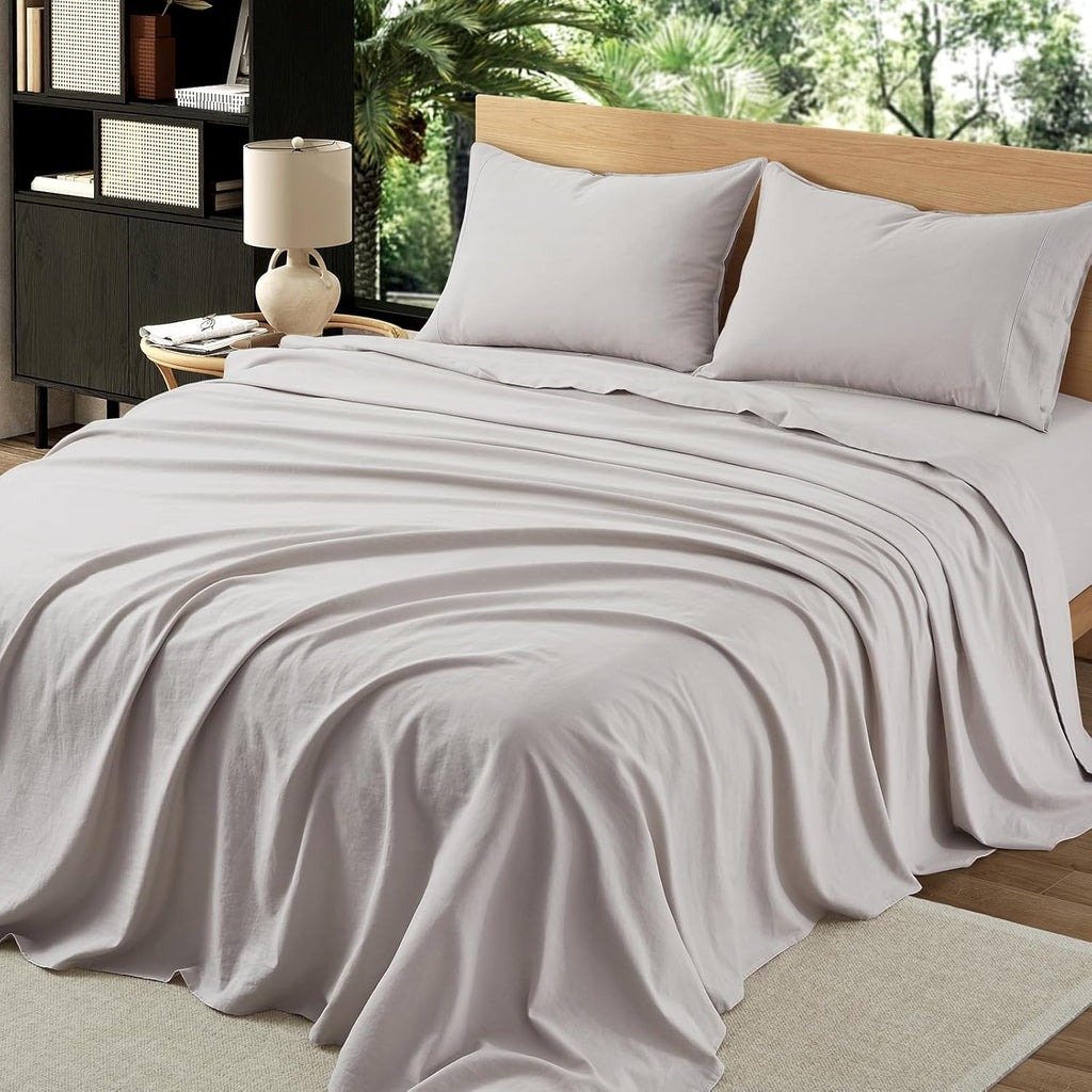 4Pcs Organic Linen Sheets King Size, 100% French Linen from Normandy, Tear-Resistant Natural Linen King Sheet Set with 16 Inch Deep Pocket, 1 Flat Sheet, 1 Fitted Sheet, 2 Pillowcases