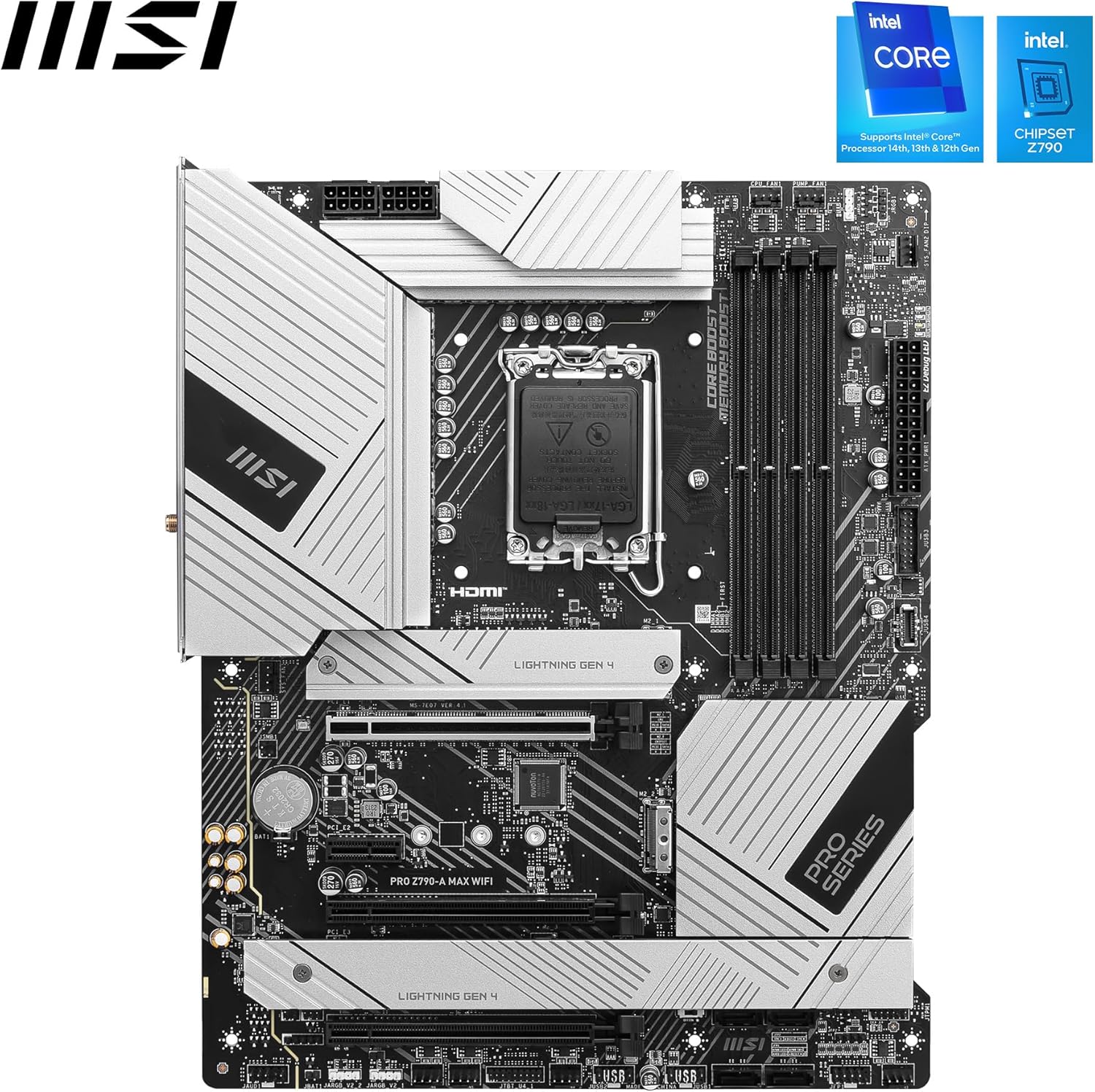 MSI PRO Z790-A MAX WiFi ProSeries Motherboard (Supports 12th/13th/14th Gen Intel Processors, LGA 1700, DDR5, PCIe 5.0, M.2, SATA 6G, 2.5Gbps LAN, USB 3.2 Gen2, Wi-Fi 7, Bluetooth 5.4, ATX)