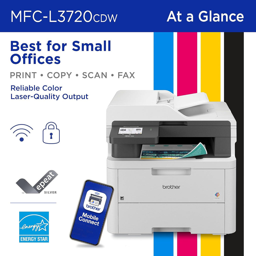Brother MFC-L3720CDW Wireless Color Laser Printer with Scanner, Copier and Fax | Auto Duplex and 250-Sheet Capacity | Includes Refresh Subscription Trial(1). Amazon Dash Replenishment Ready