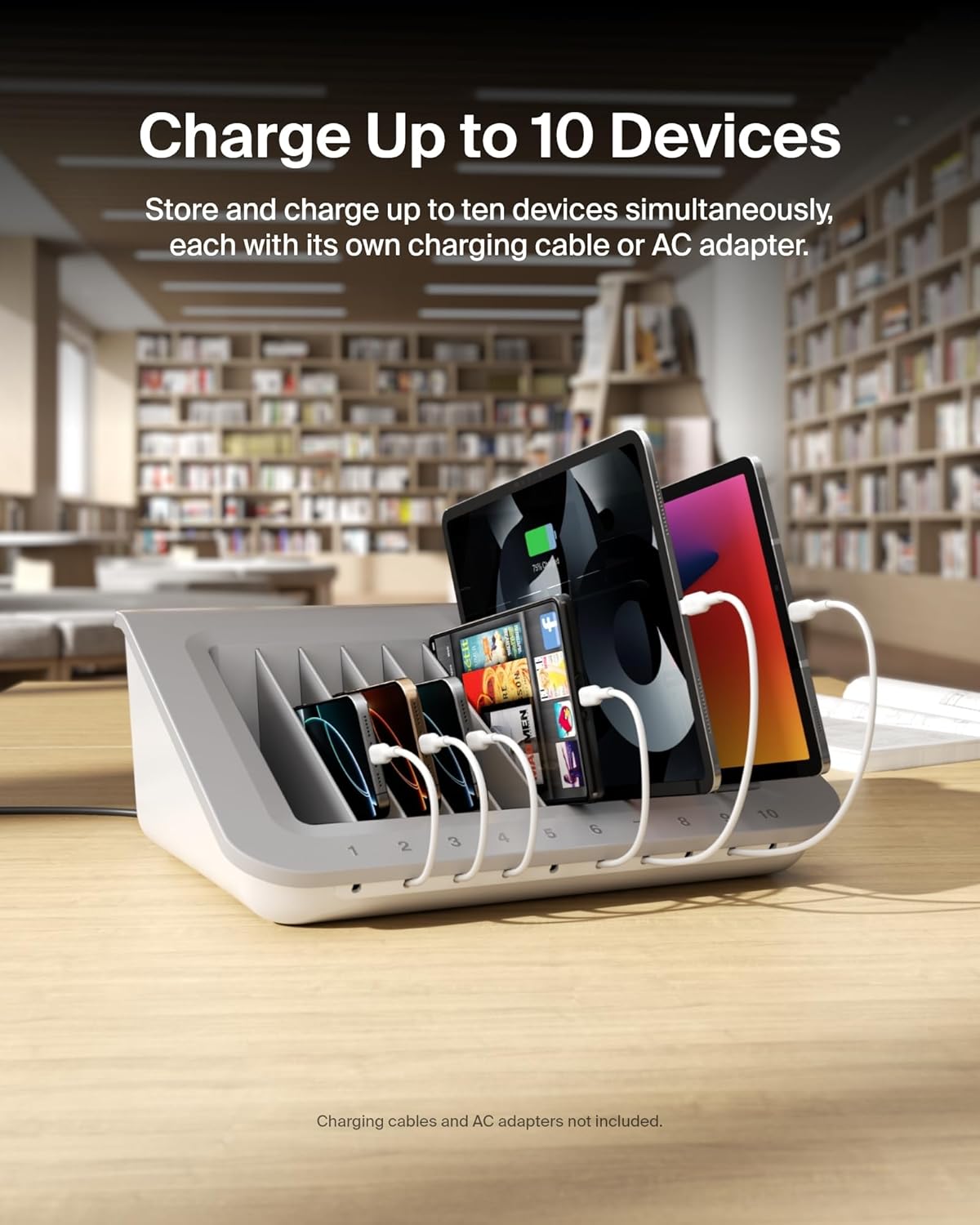 Belkin Charging Station For Laptops with Surge Protector - 10 Device USB Charging Dock for Tablets, Laptops, Chromebooks – Cable Management for Classrooms, Offices, Tech Labs, Shared Spaces, & More