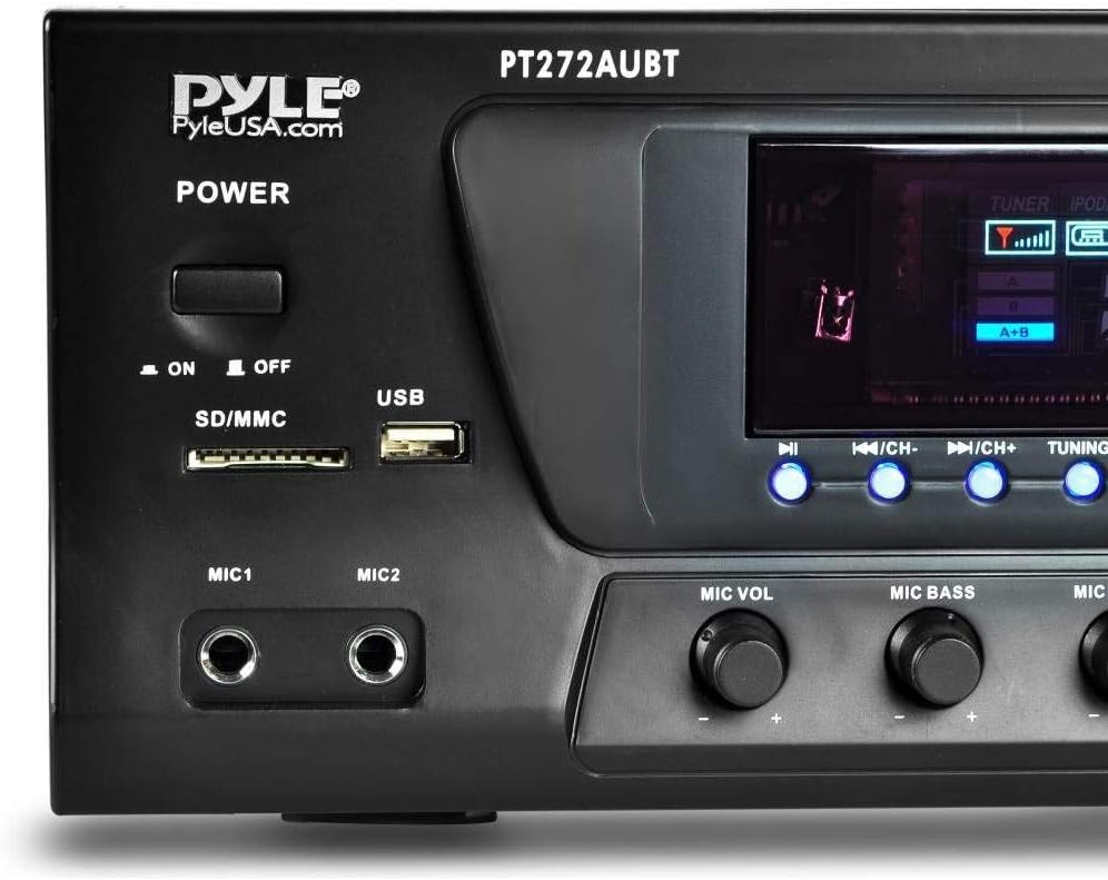 Pyle Home Stereo Amplifier with Bluetooth - 300 Watt Max 4 Channel Stereo Receiver with Easy Karaoke - Dual Mic In with EQ and Echo, USB-A and SD Card In, RCA In, RCA Out, LED Display - PT272AUBT