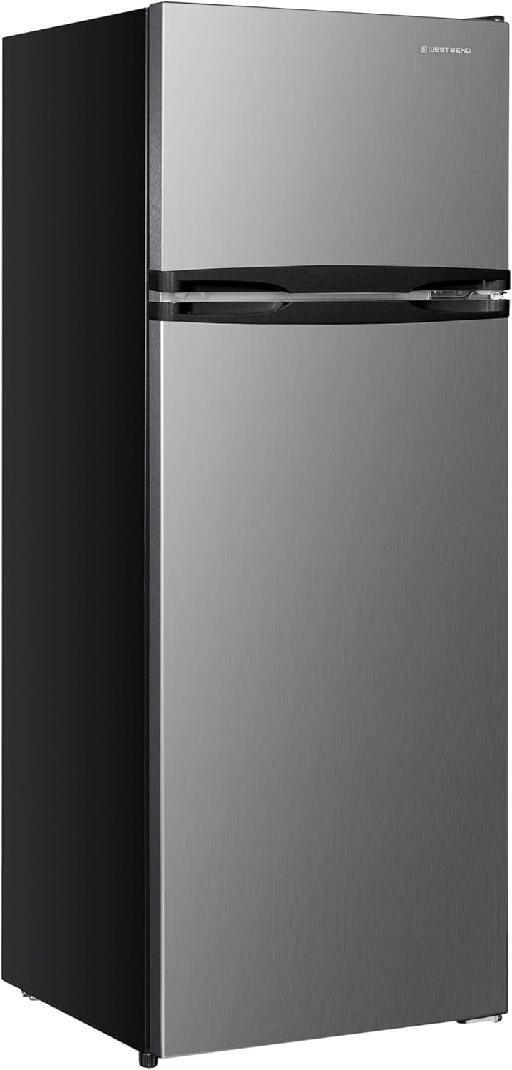 West Bend Apartment Refrigerator Freestanding Reversible Dual Doors Full Fridge with Freezer, Full-Range Temperature Control with Adjustable and Removable Door Bins and Shelves, 7.5-Cu.Ft, Metallic