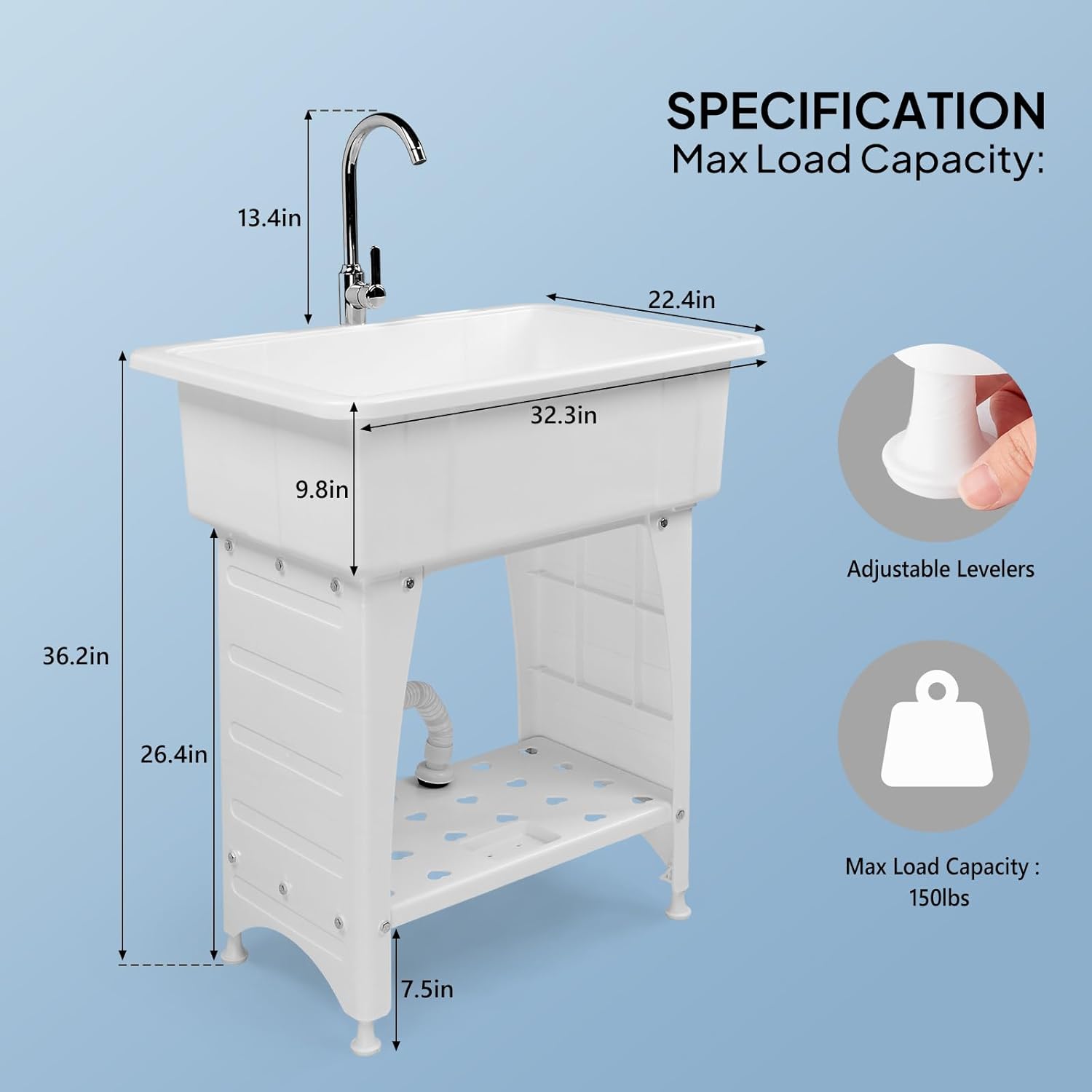VINGLI Spacious White Utility Sink Laundry Tub for Laundry Room, Garage Washing Station, Slop Sink, Freestanding Sink with Stainless Steel Faucet, Drain, Storage Shelf and Removable Drainboard,White