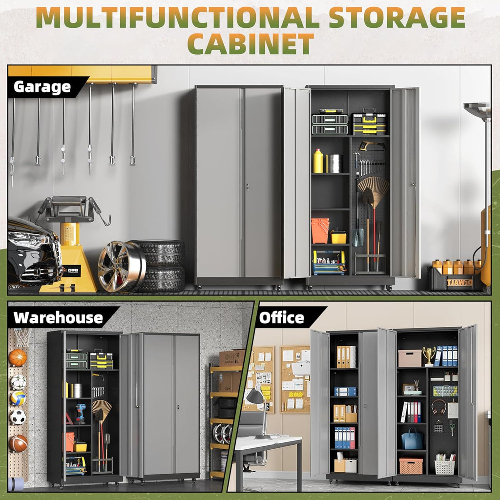 Metal Garage Storage Cabinet with Wheels, Locking Broom Closet Storage Cabinet with Adjustable Shelves, 71" H Tool Cabinet for Utility Room, Workshop, Warehouse