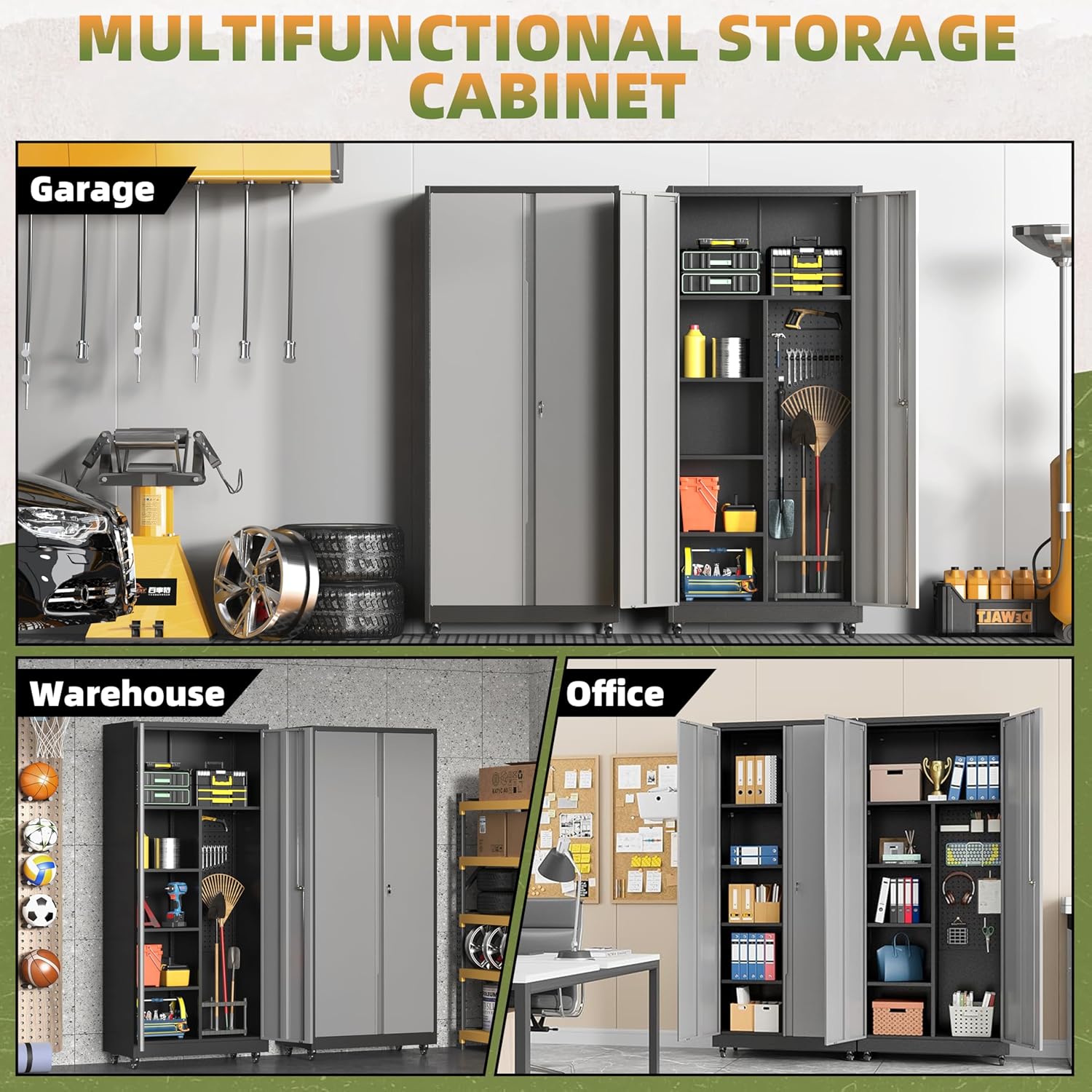 Metal Garage Storage Cabinet with Wheels, Locking Broom Closet Storage Cabinet with Adjustable Shelves, 71" H Tool Cabinet for Utility Room, Workshop, Warehouse