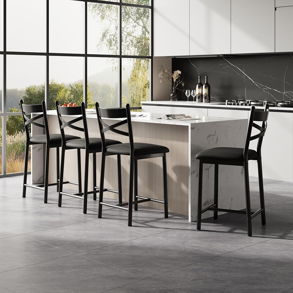 22" Bar Stools Set of 4, Counter Height Bar Stools with PU Upholstered Seat, Metal Frame Kitchen Bar Chairs with X-Design Back and Footrest for Kitchen Island, Counter Bar, Dining Room, Black