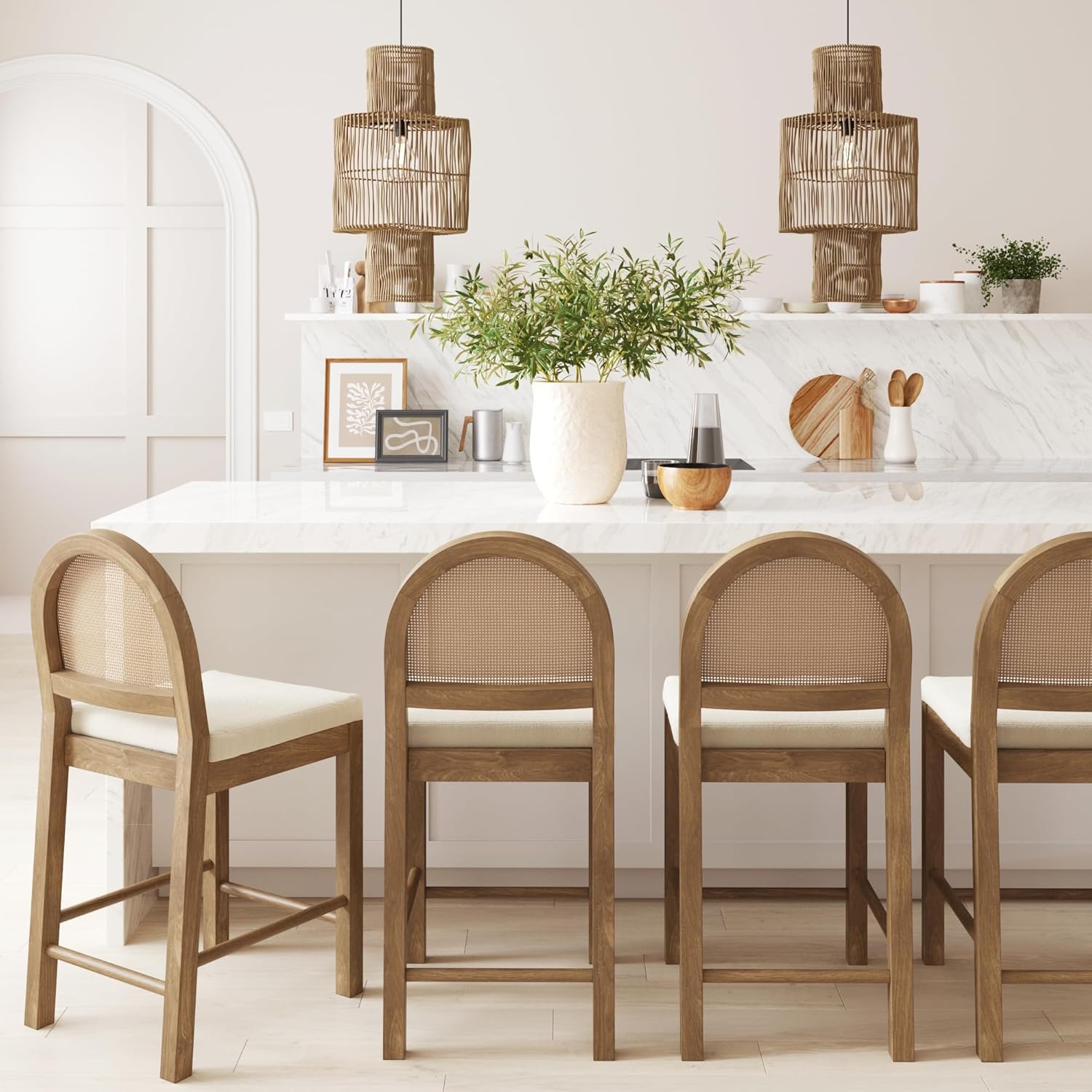 Nathan James Bailey Boucle Upholstered Rattan Bar Stool, Counter Height Stool with Natural Rattan Woven Back For Kitchen Island, Light Brown, Set of 4
