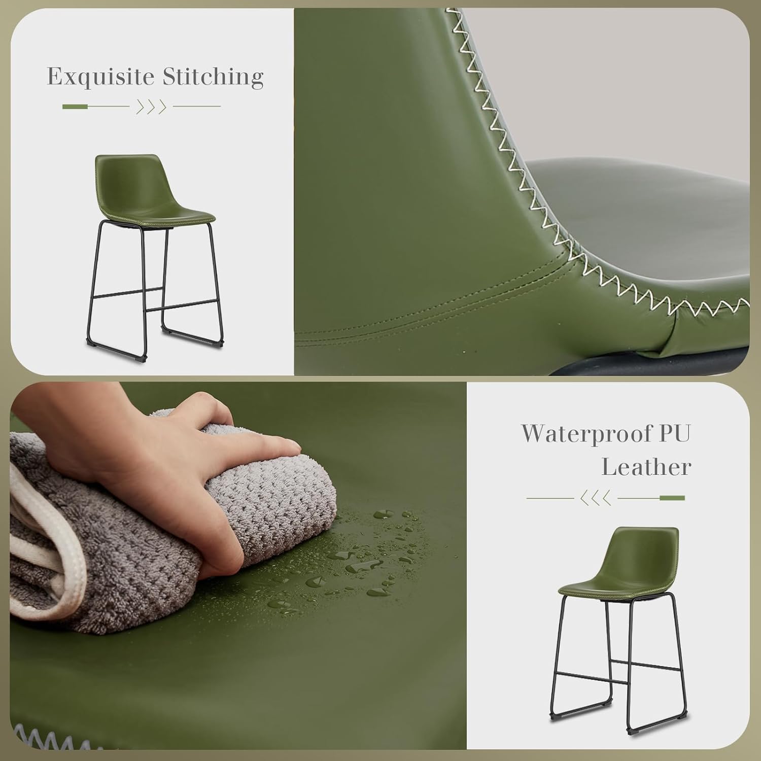 DUMOS Bar Stools Set of 4, 26 Inch Counter Height Faux Leather Barstools with Back, Modern Metal Leg Bar Chairs for Kitchen Island, Dining Pub Table, Home Bar, Green