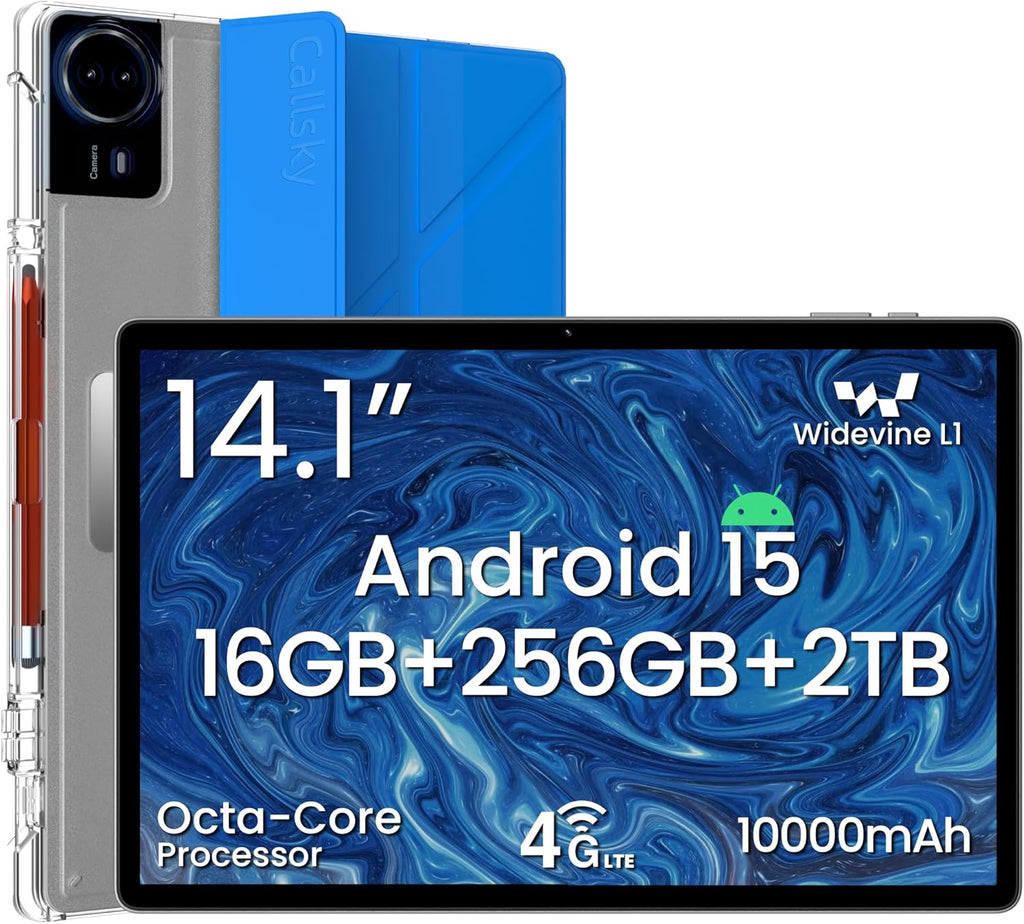 14 Inch Android 15 Tablet, 16GB RAM+256GB ROM, 1920x1200 FHD IPS Display, Widevine L1, 10000mAh Battery, 4G LTE, Wi-Fi & Bluetooth 5.0, Multi-Angle Stand Case & Stylus Pen,6ft Type-C Cable - Blue