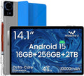 14 Inch Android 15 Tablet, 16GB RAM+256GB ROM, 1920x1200 FHD IPS Display, Widevine L1, 10000mAh Battery, 4G LTE, Wi-Fi & Bluetooth 5.0, Multi-Angle Stand Case & Stylus Pen,6ft Type-C Cable - Blue