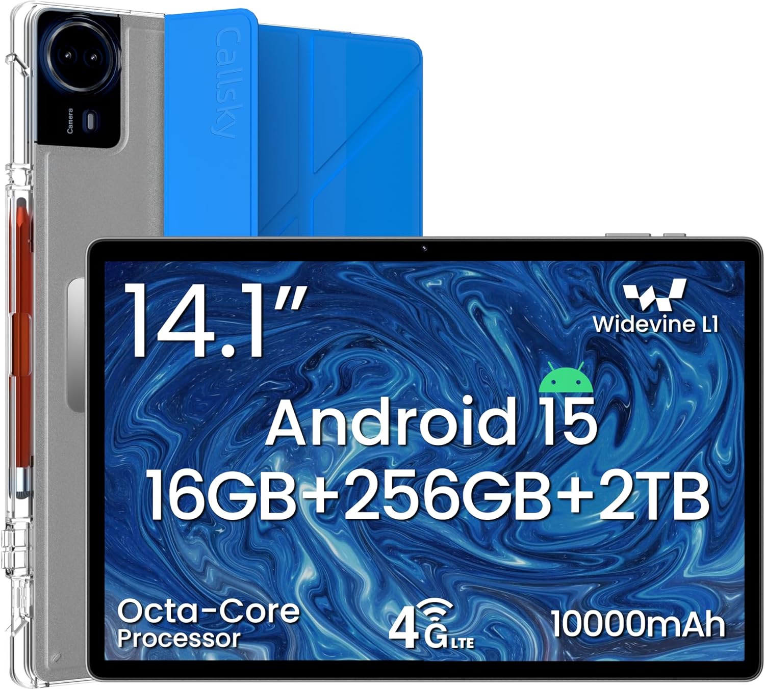 14 Inch Android 15 Tablet, 16GB RAM+256GB ROM, 1920x1200 FHD IPS Display, Widevine L1, 10000mAh Battery, 4G LTE, Wi-Fi & Bluetooth 5.0, Multi-Angle Stand Case & Stylus Pen,6ft Type-C Cable - Blue