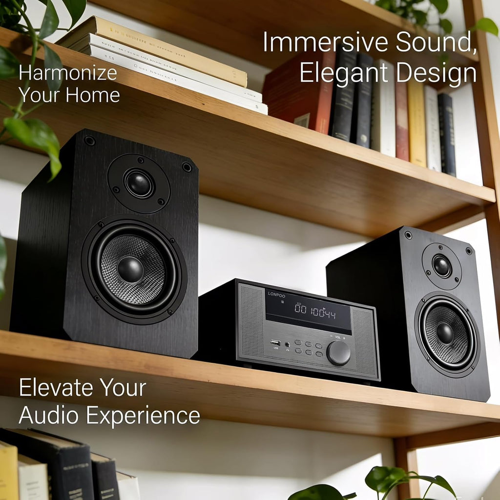 Home CD Stereo Shelf System,100W Hi-Fi Bookshelf Speskers System (with CD Player, FM Radio, Bluetooth 5.3, USB Playback, AUX-in, Headphone Jack, Remote Control, DSP-Tech