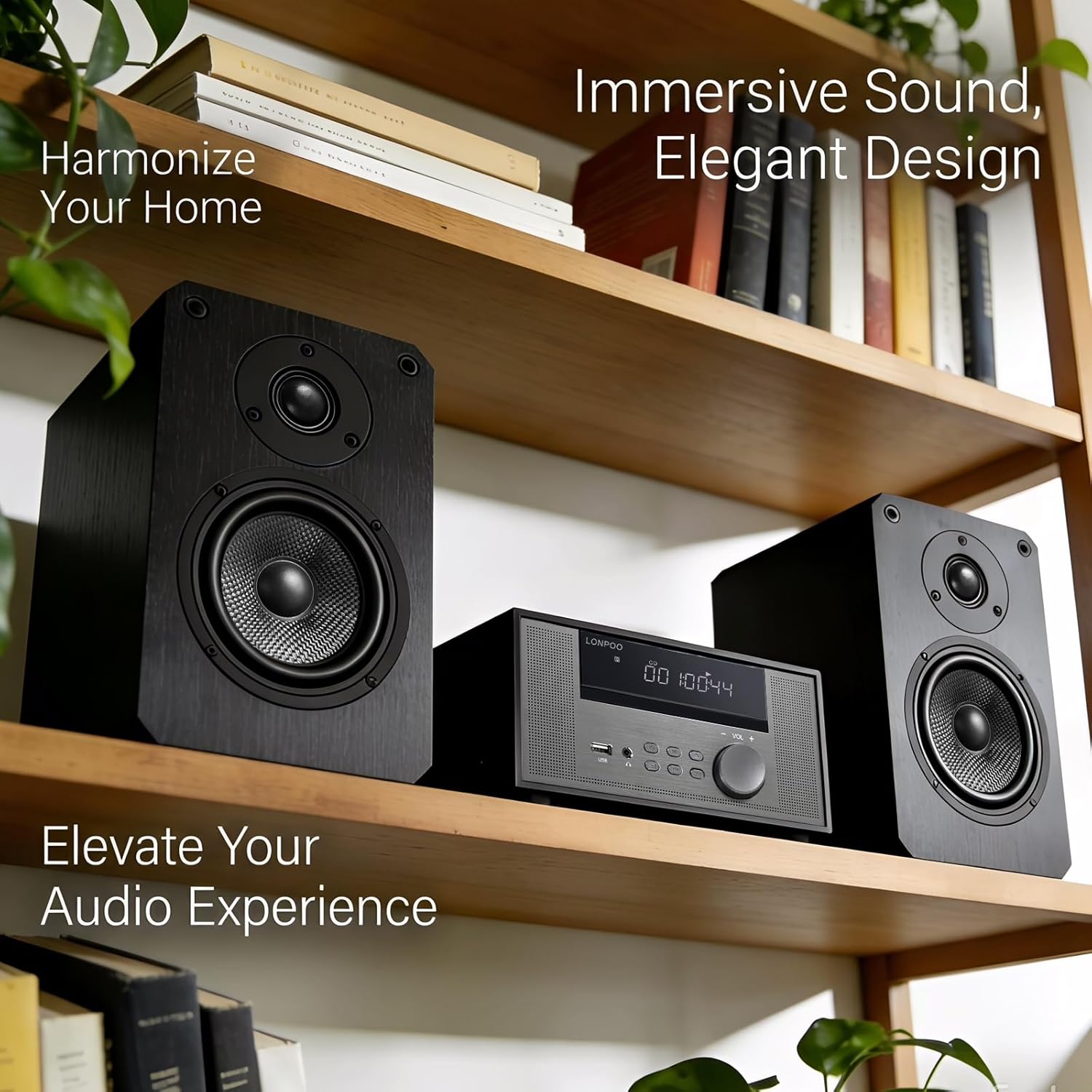Home CD Stereo Shelf System,100W Hi-Fi Bookshelf Speskers System (with CD Player, FM Radio, Bluetooth 5.3, USB Playback, AUX-in, Headphone Jack, Remote Control, DSP-Tech